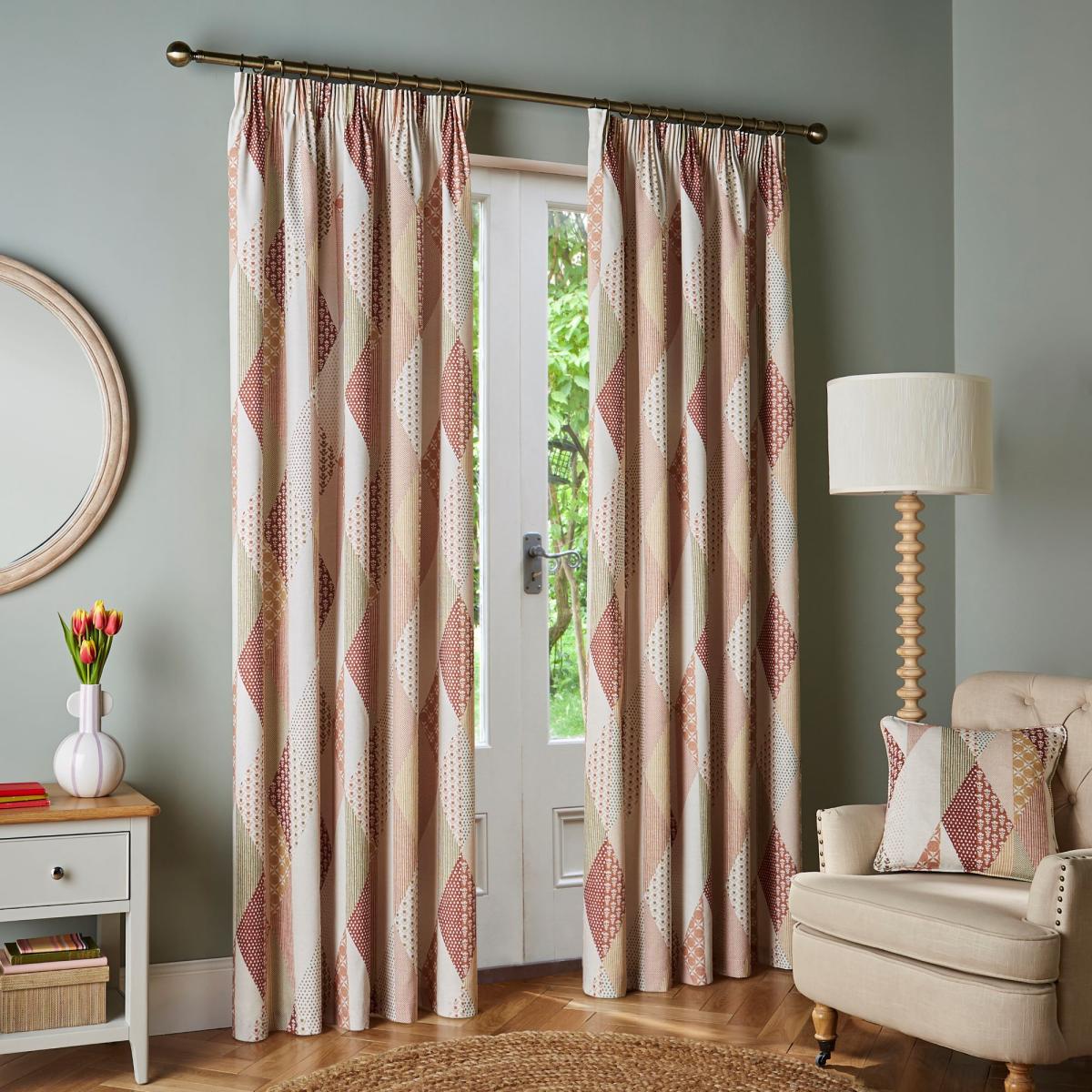 Patchwork Print Pencil Pleat Curtains Orange – image 2