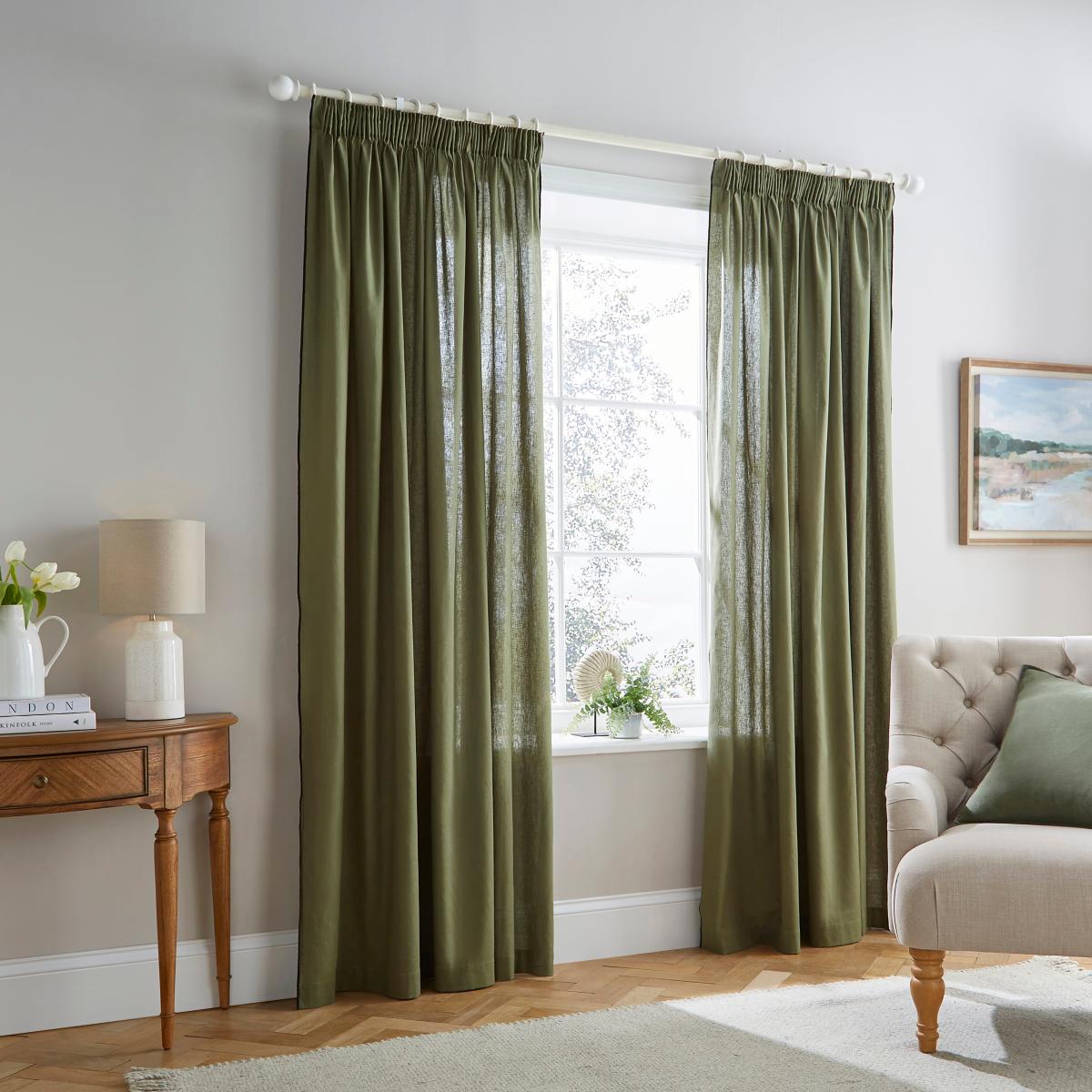 Contrast Edge Pencil Pleat Curtains Olive – image 2