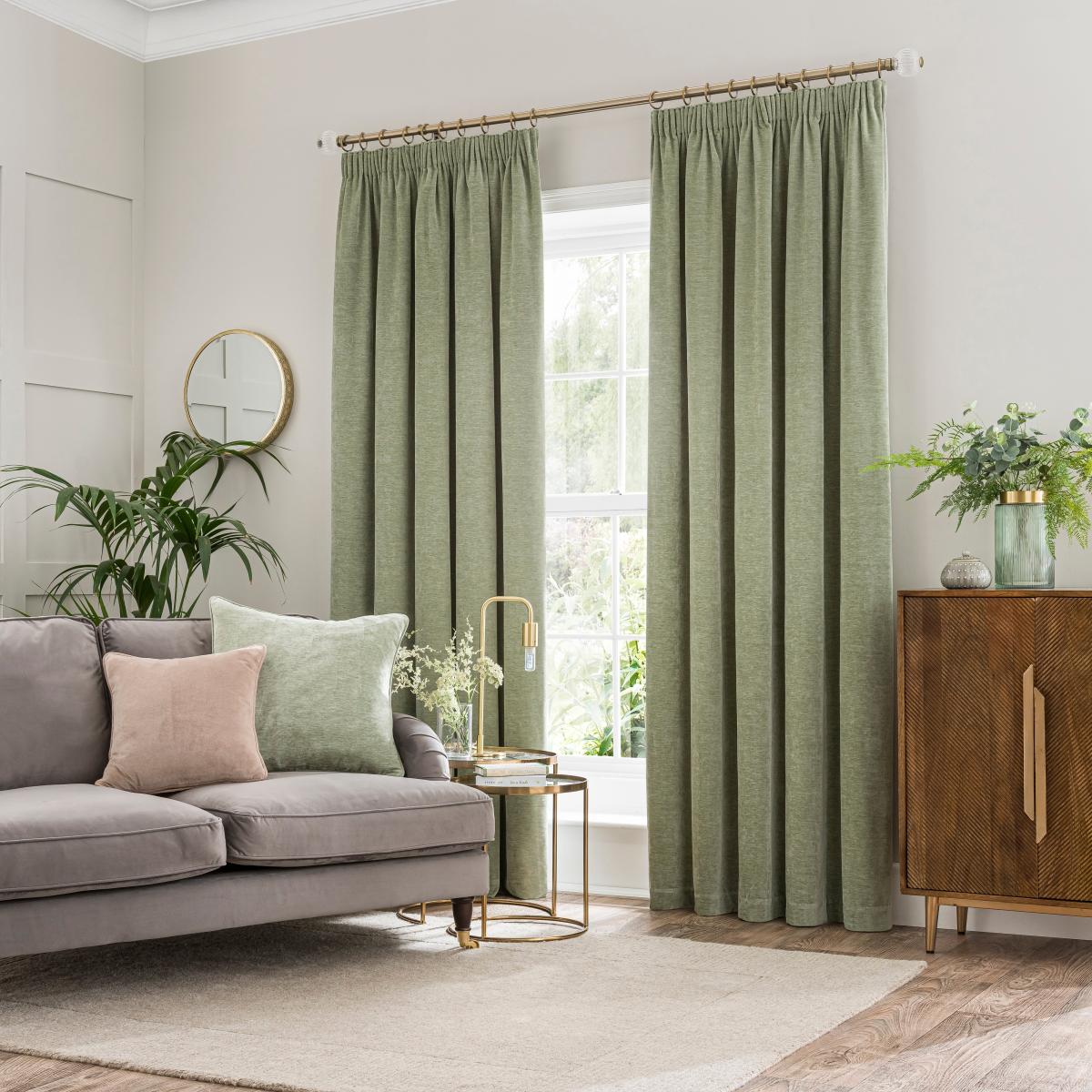 Vintage Chenille Pencil Pleat Curtains Sage – image 2