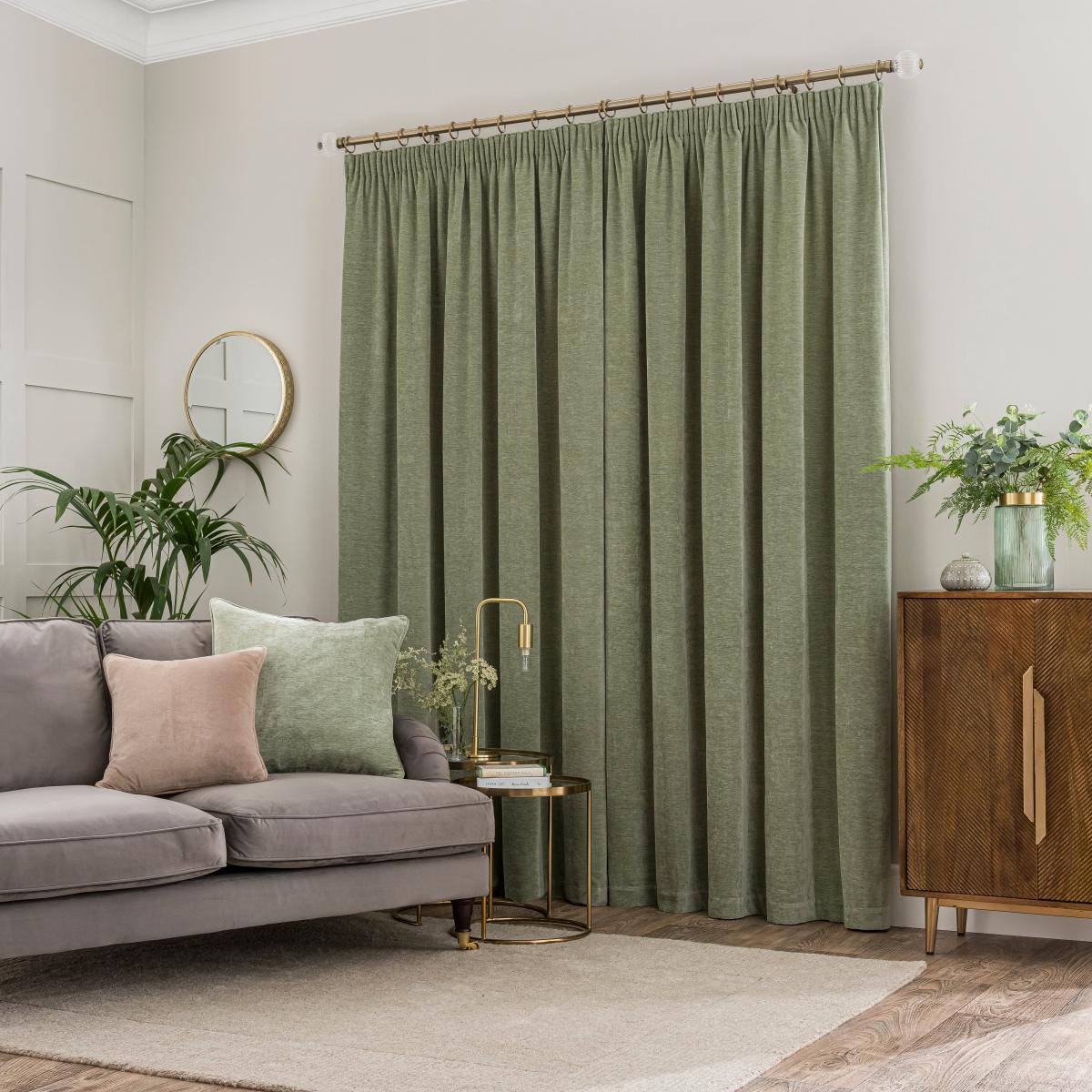 Vintage Chenille Pencil Pleat Curtains Sage – image 4