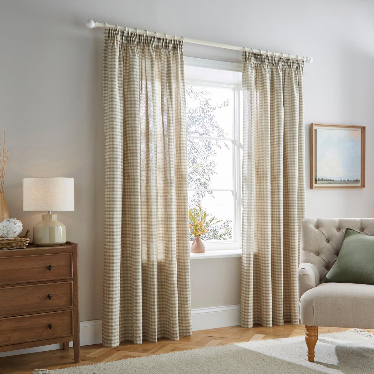 Gingham Pencil Pleat Curtains Sage – image 2