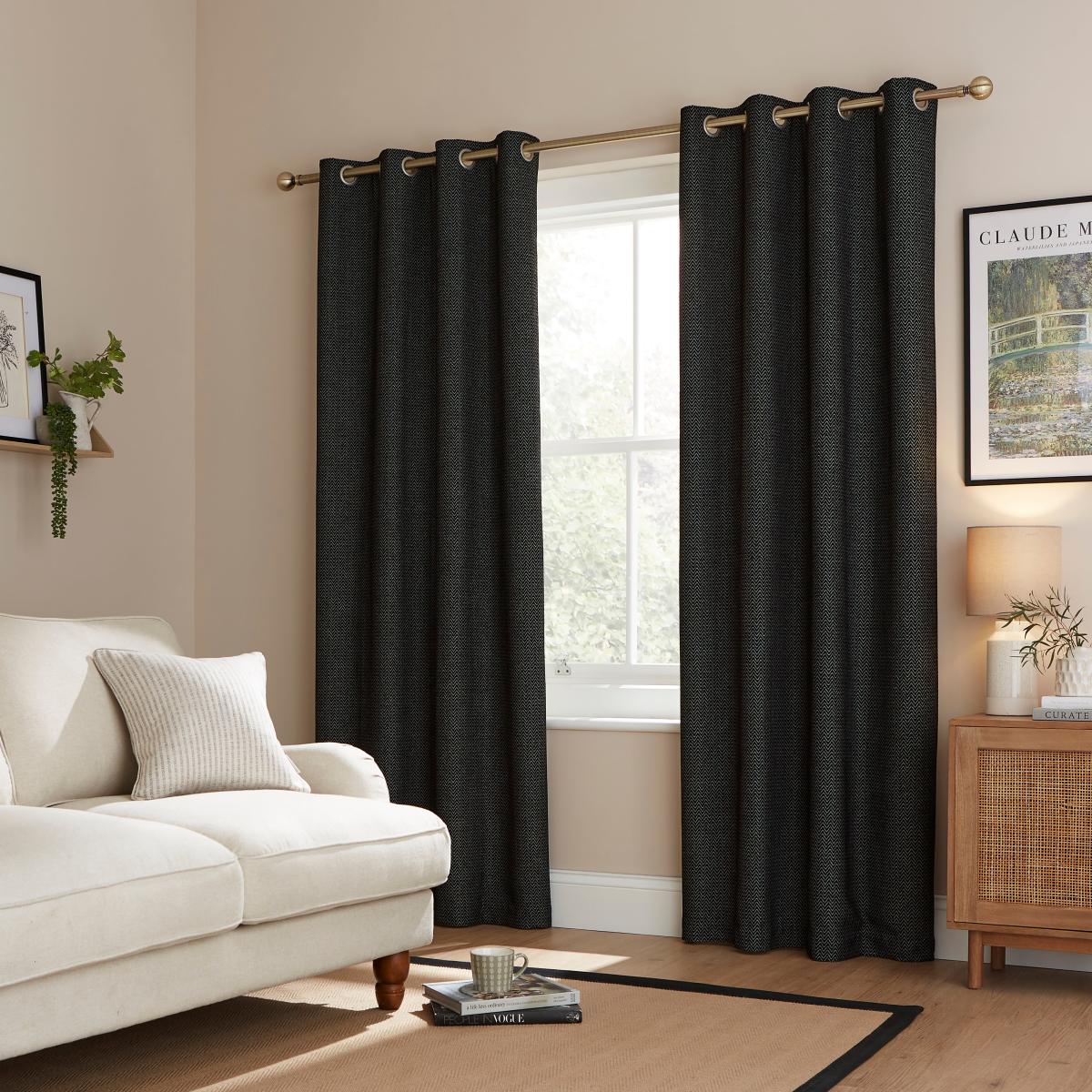 Herringbone Chenille Thermal Eyelet Curtains Black – image 2