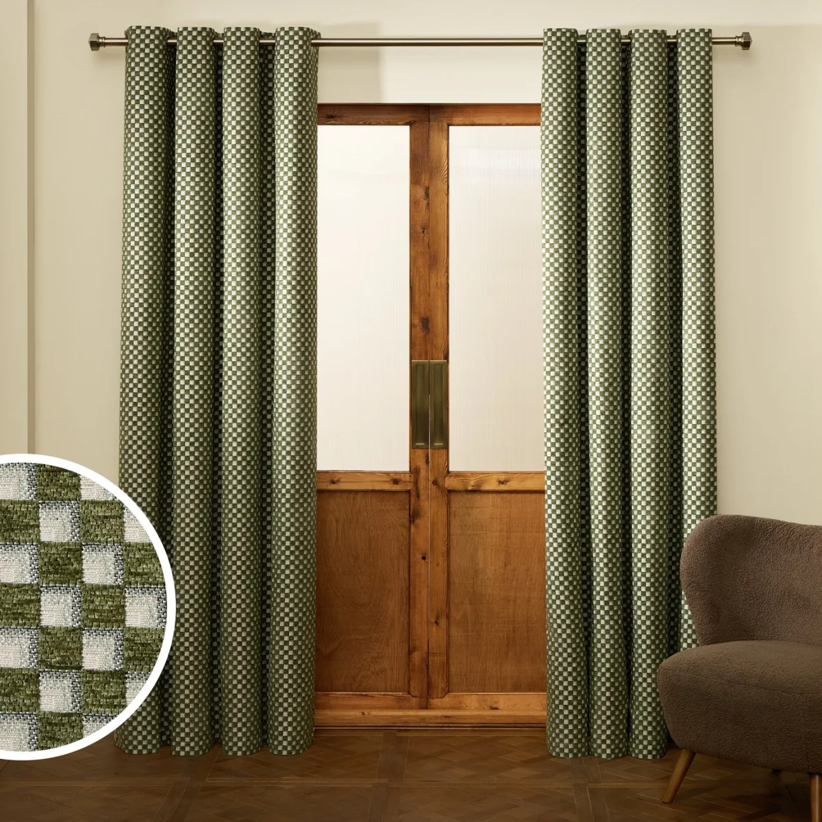 Habitat Checkered Blackout Eyelet Curtain - Green - 168x229cm – image 1