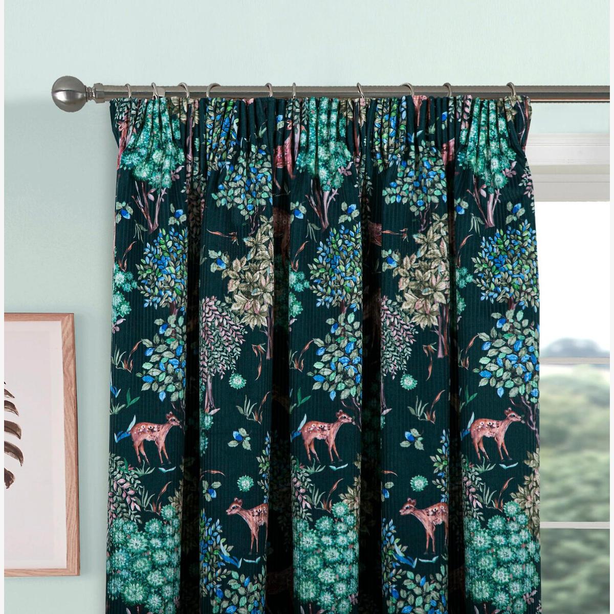 Forest Deer Print Lined Pencil Pleat Curtains – image 1