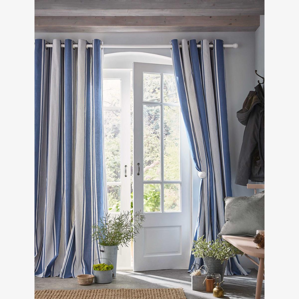 Laura Ashley Tiverton Pure Cotton Striped Eyelet Curtains Blue Mix – image 1
