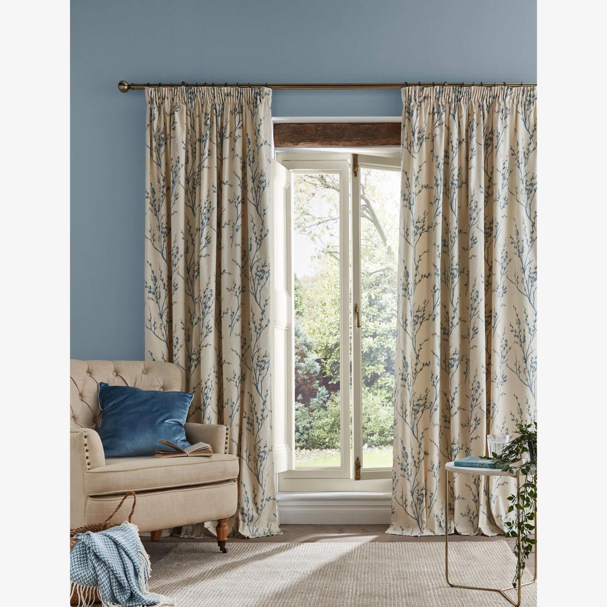 Laura Ashley Pure Cotton Pussy Willow Pencil Pleat Curtains Blue Mix – image 1