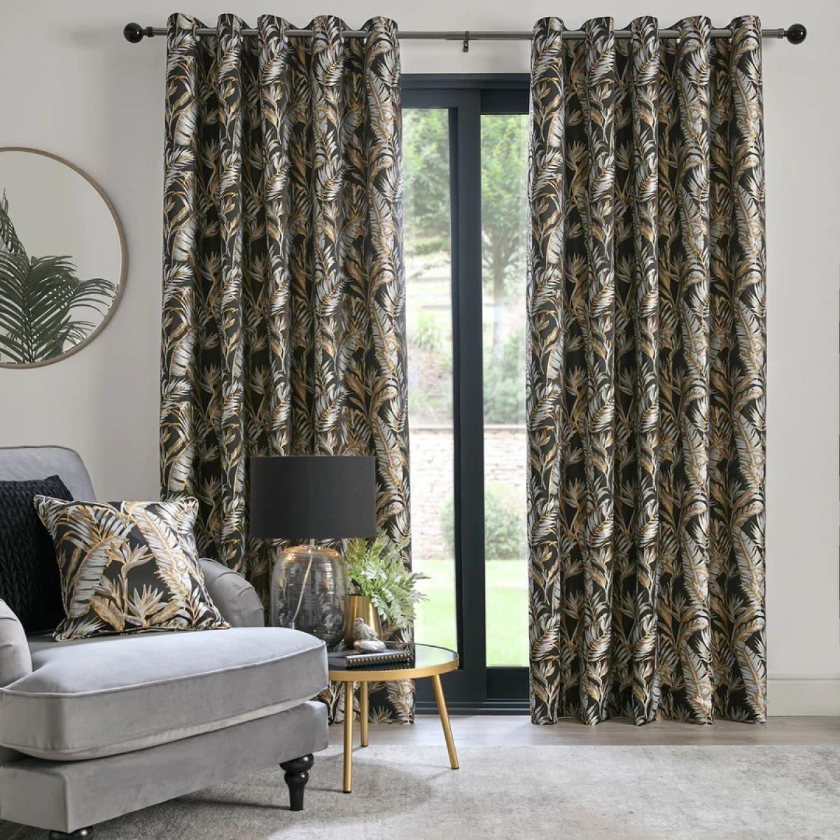 Laurence Llewelyn-Bowen Paradise Palm Eyelet Curtains Pair - Black - 90x72 – image 1