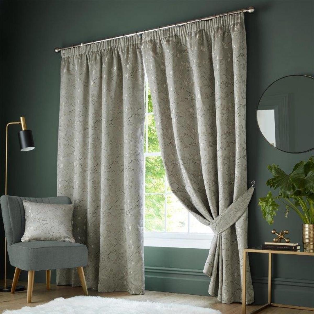 Ashley Wilde Hertford Champagne Curtains - 90x90, Satin, Jacquard - Green/Silver