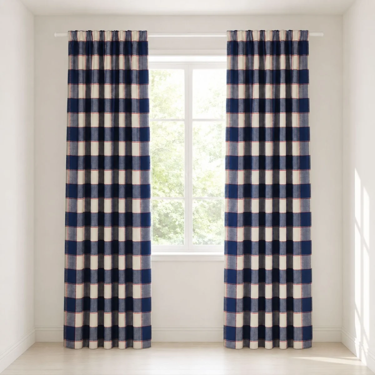 Gingham Check Curtains Pair with Tie Backs ¿ Classic Checked Print - Blue