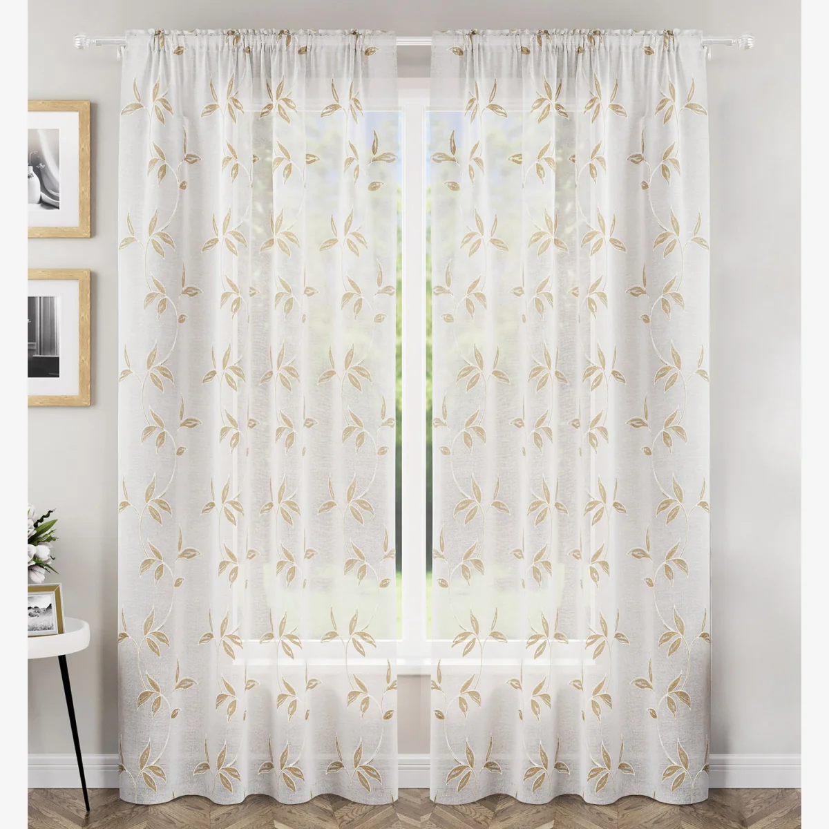 Pair of Oasis Grey Leaf Embroidery Sheer Voile Panels - Natural / 137cm