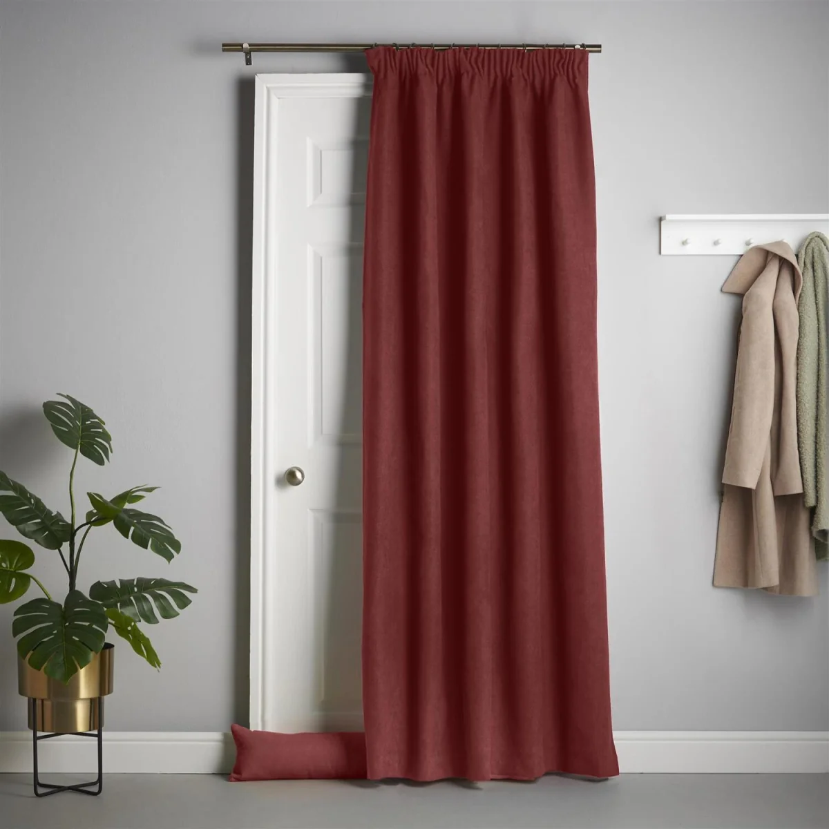 Velvet Chenille Thermal Fleece Lined Pencil Pleat Taped Top Door Curtain - Red – image 1