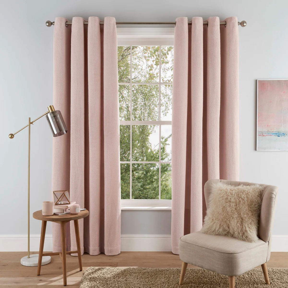 Luxury Super Soft Teddy Fleece Eyelet Lined Curtains - 2 Panels - Blush – image 1