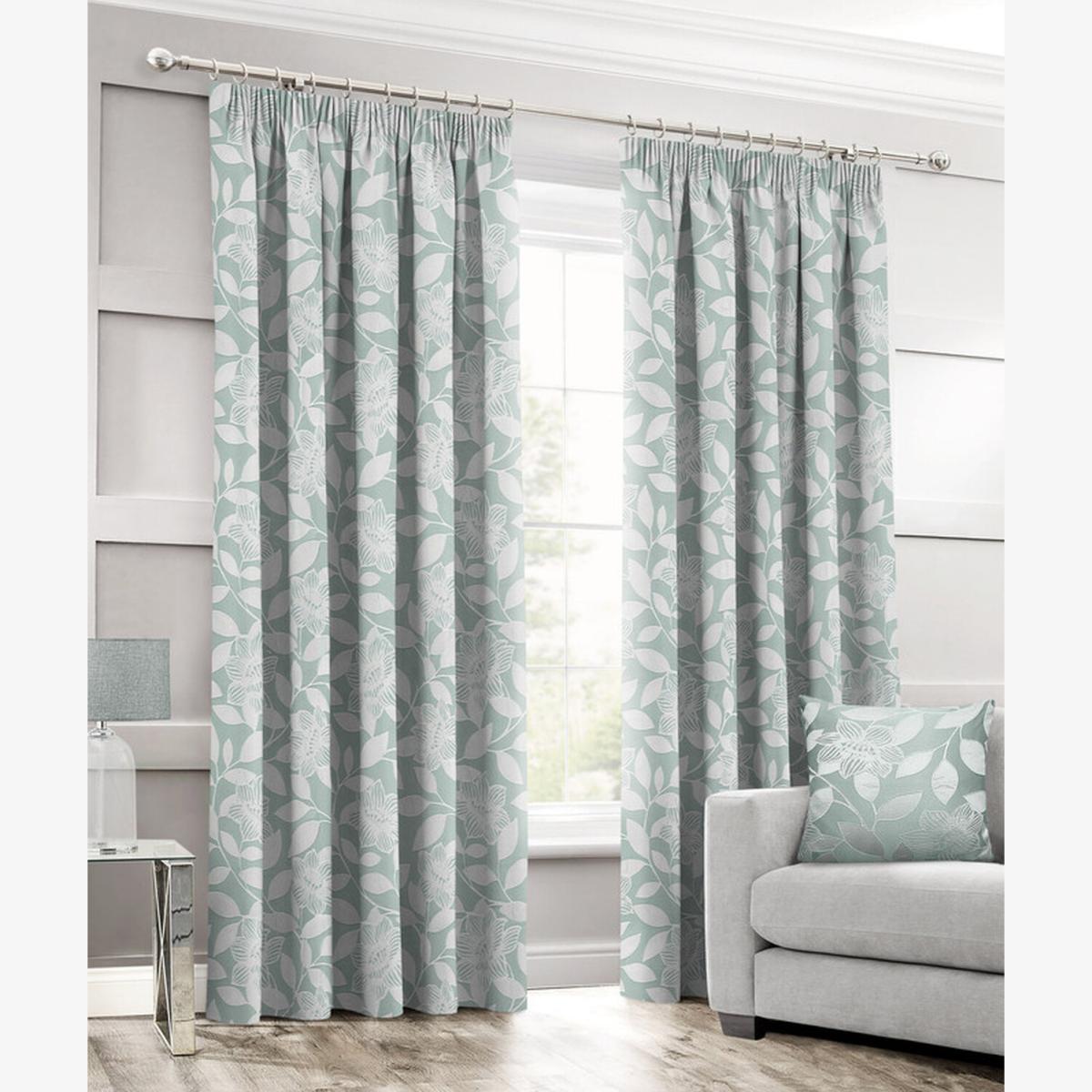 Luxury Leaf Jacquard Curtain Pair - Duck Egg / 90in