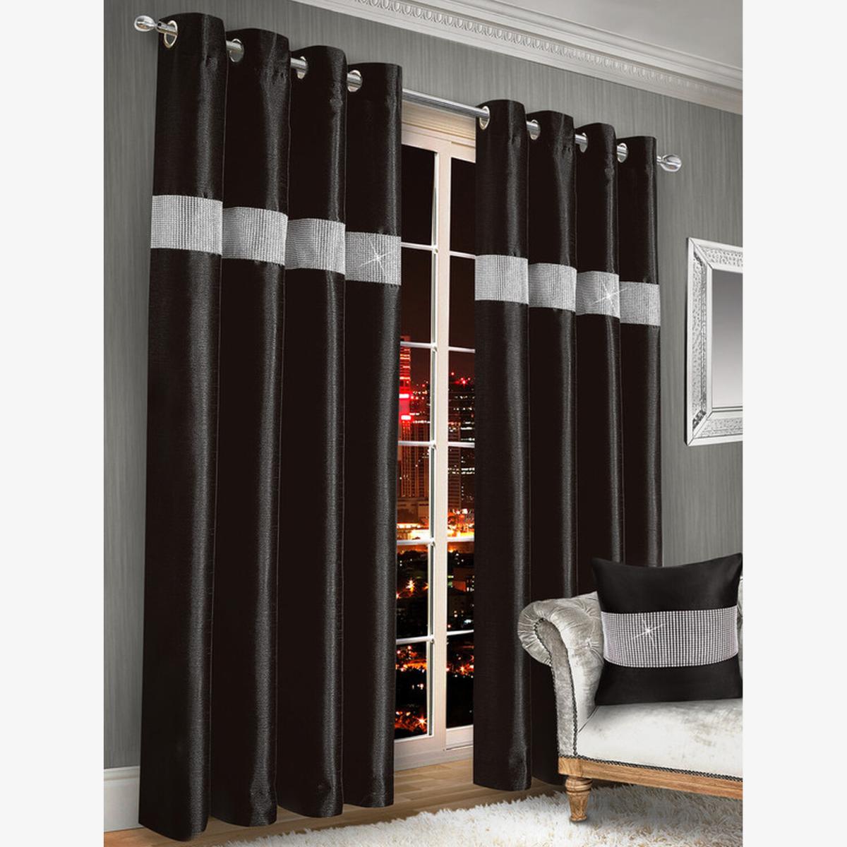 Stunning Diamonte panel curtain pair - Black / 54in