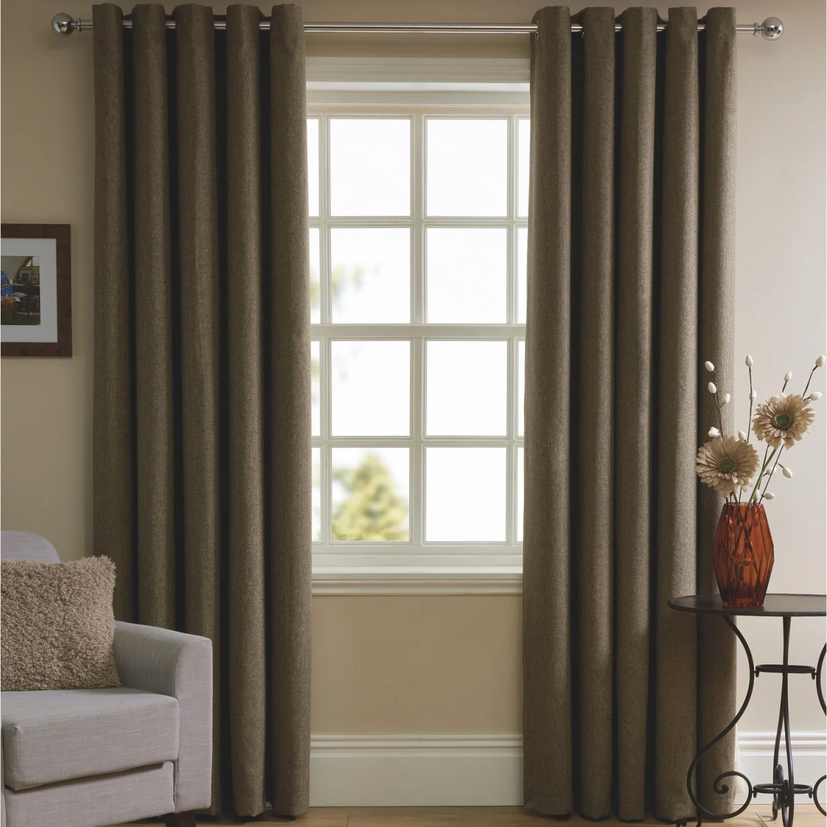 Herringbone Eyelet Ring Top Ready Made Window Curtain - 2 Panels - Natural – image 1