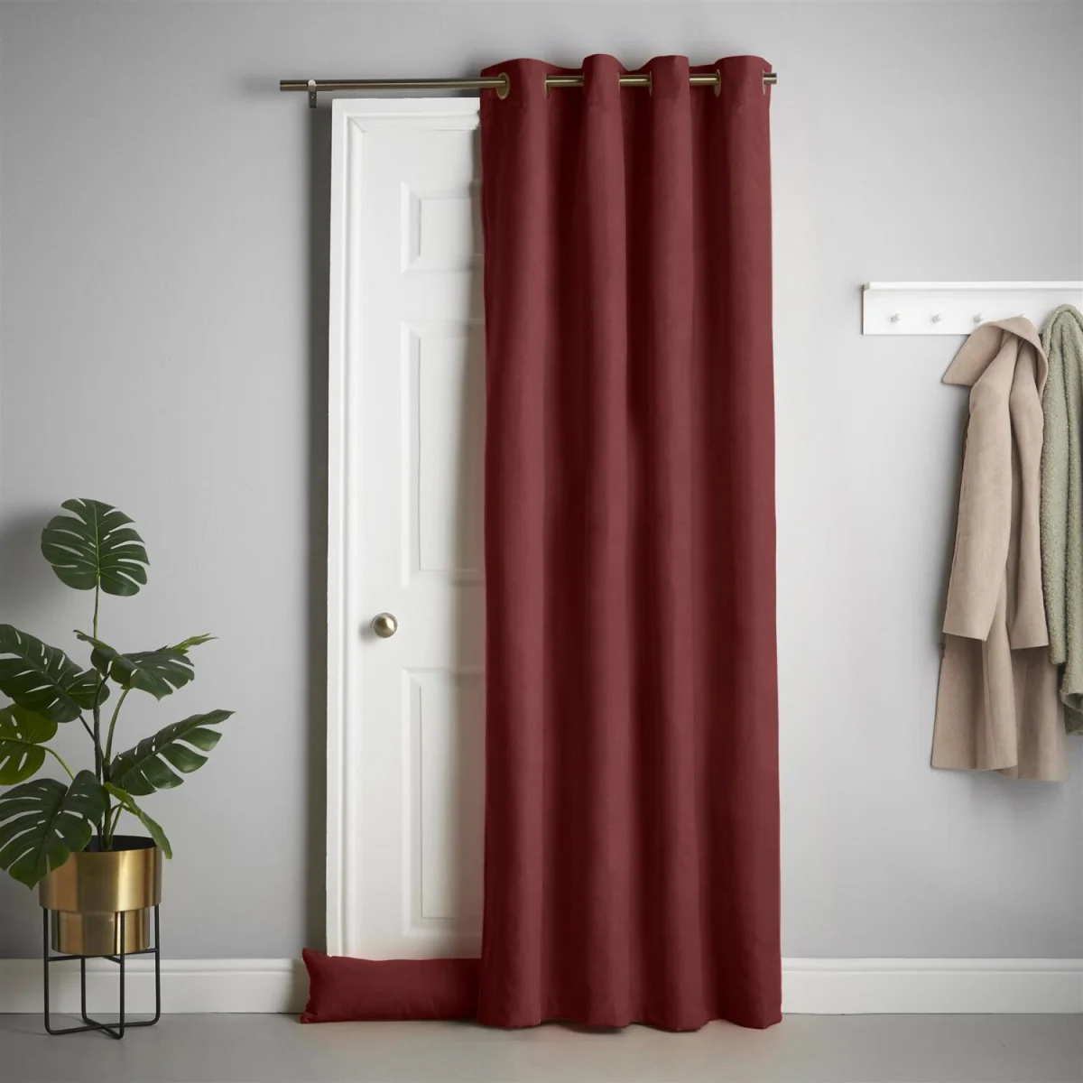 Velvet Chenille Thermal Fleece Lined Ring Top Door Curtain - Red – image 1