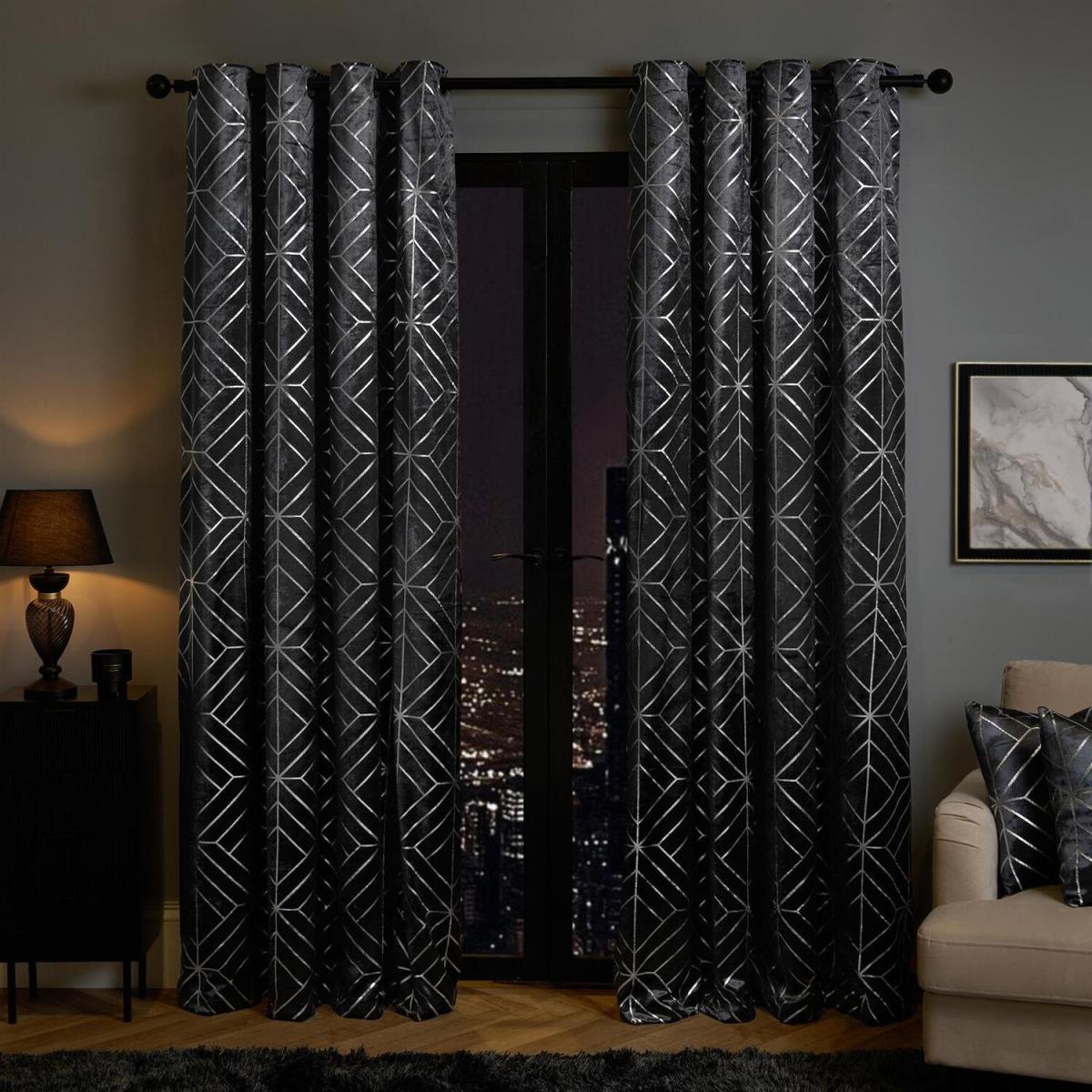 Metallic Geo Matte Velvet Curtains - Charcoal / 46" wide x 54" drop