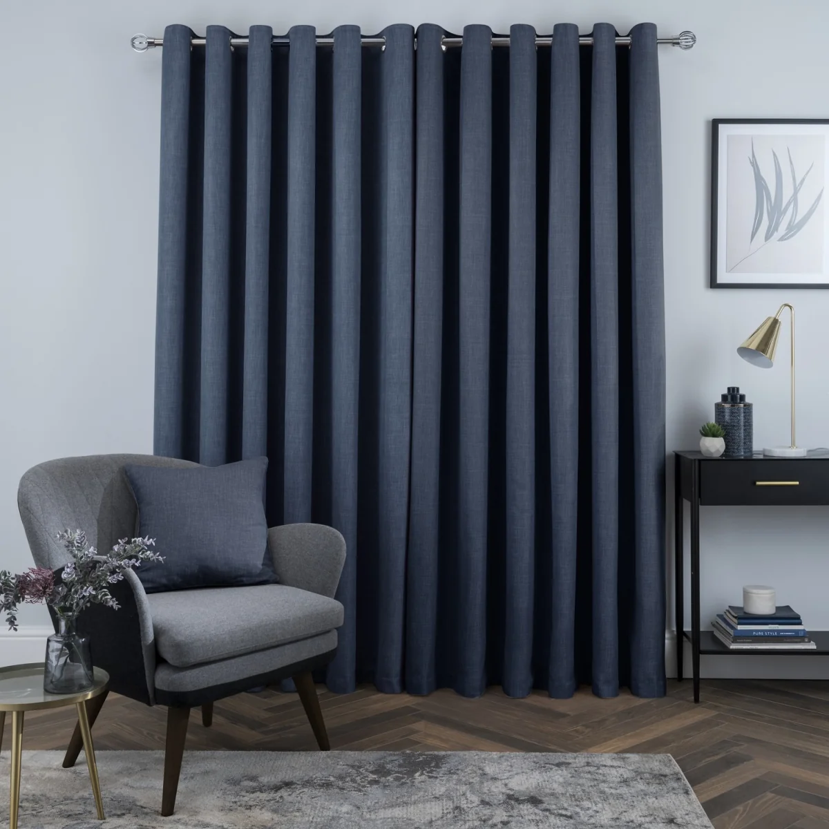Luxury Linen Look Eyelet Blackout Lined Curtains - 2 Panels - Navy – image 2
