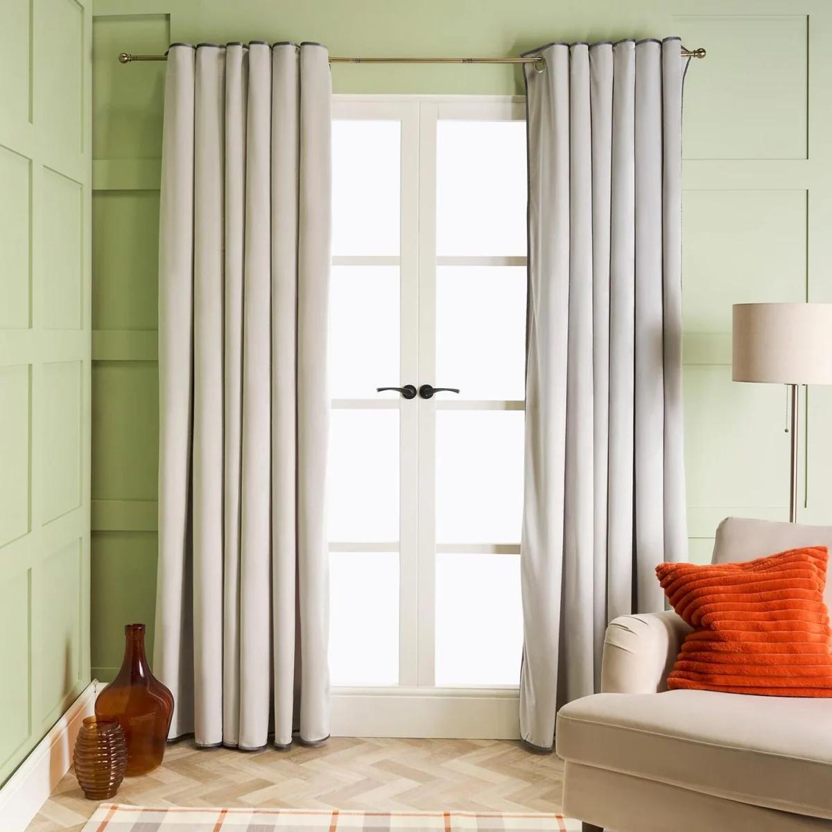 OHS Piped Edge Velvet Eyelet Curtains - Grey – image 2