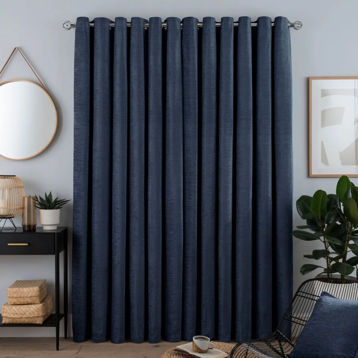 Luxury Chenille Eyelet Lined Curtains - 2 Panels - Navy – image 2