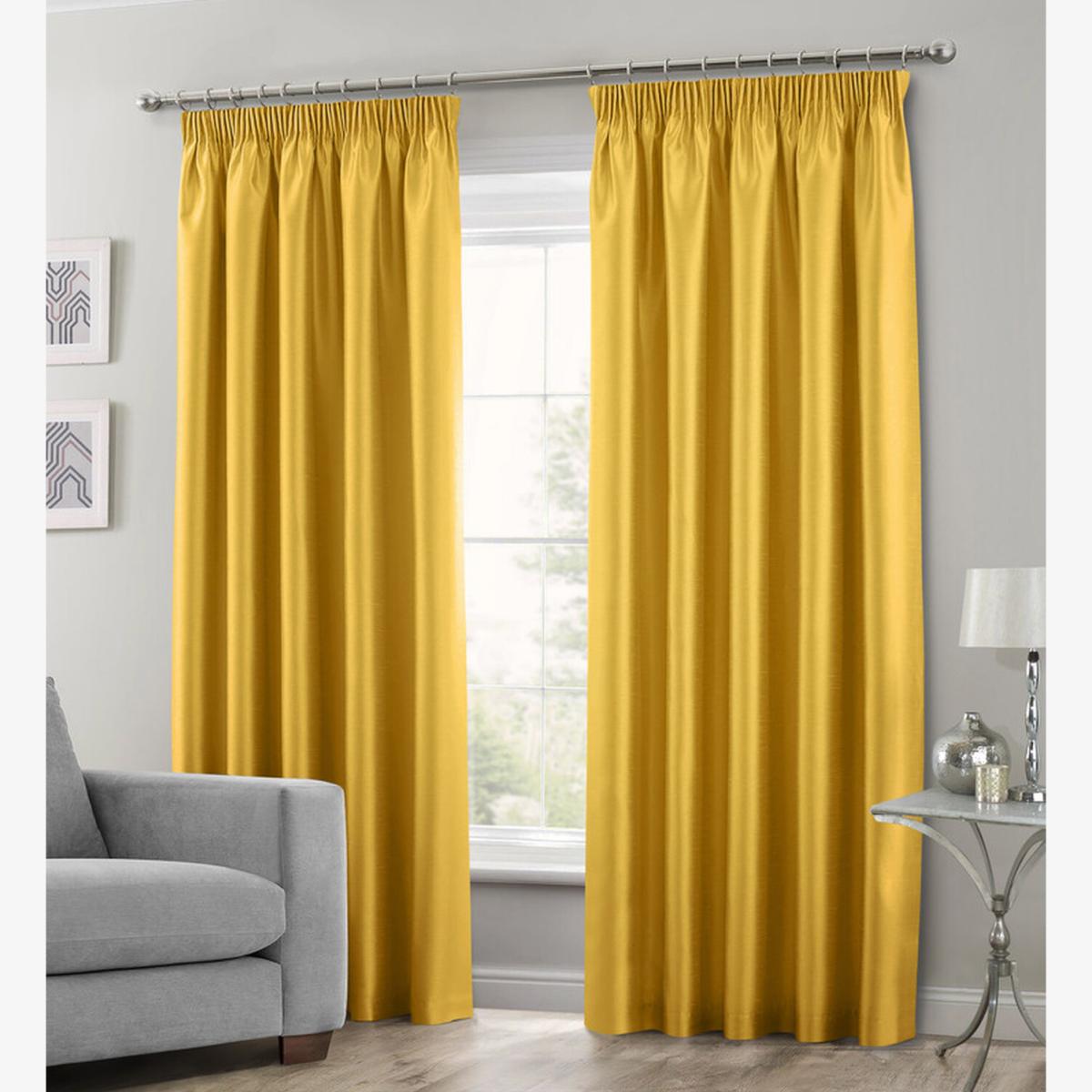 Luxury Faux Silk Plain Curtain Pair - Ochre / 66in / 54in