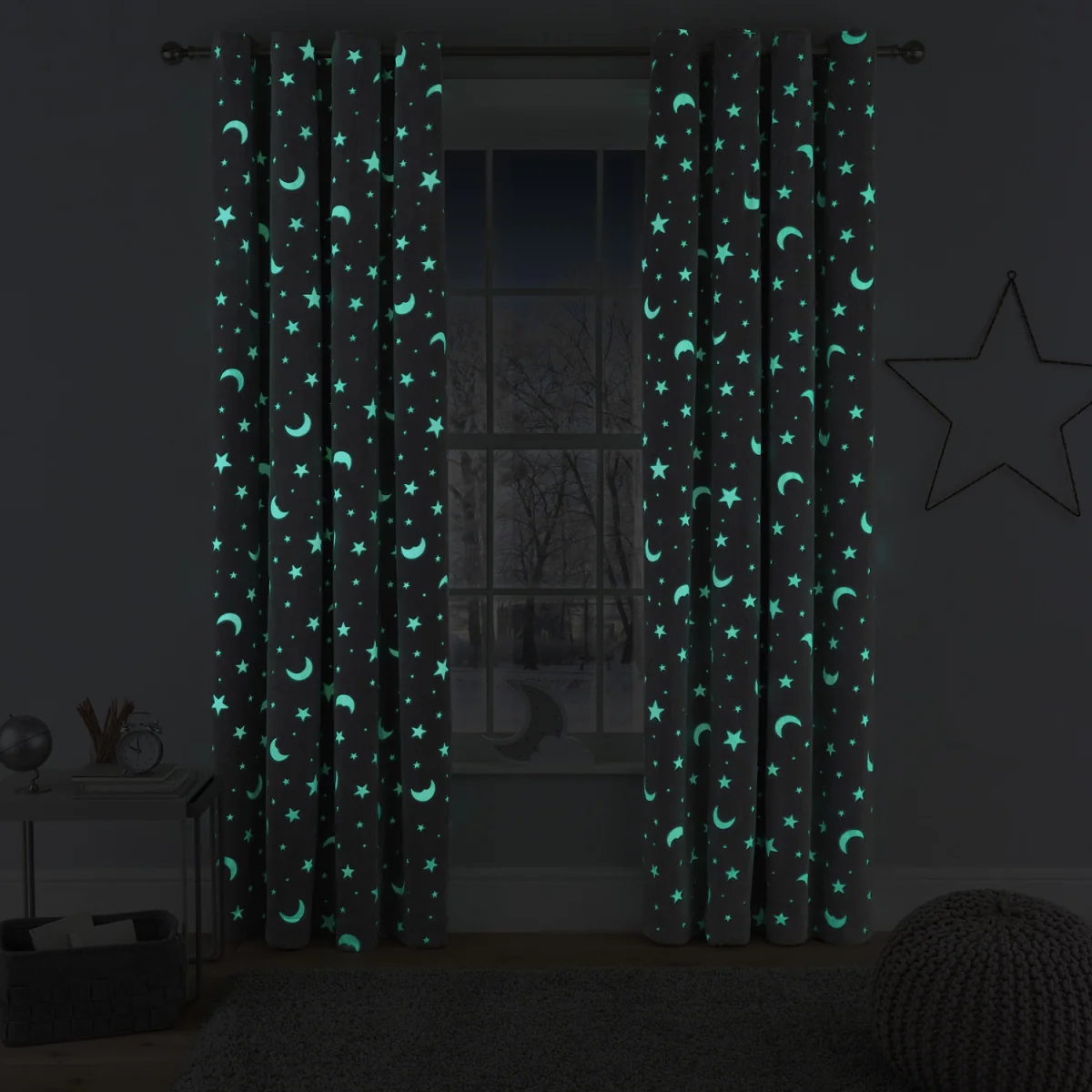 Teddy Fleece Glow Dark Moon Stars Eyelet Curtains - 2 Panels - Grey – image 2
