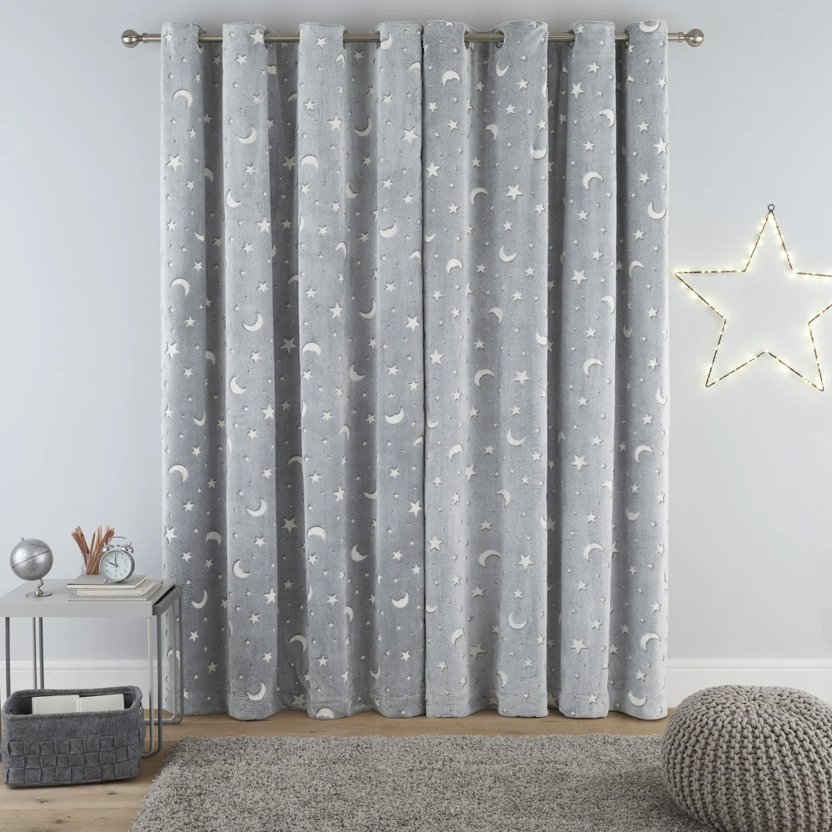 Teddy Fleece Glow Dark Moon Stars Eyelet Curtains - 2 Panels - Grey – image 3