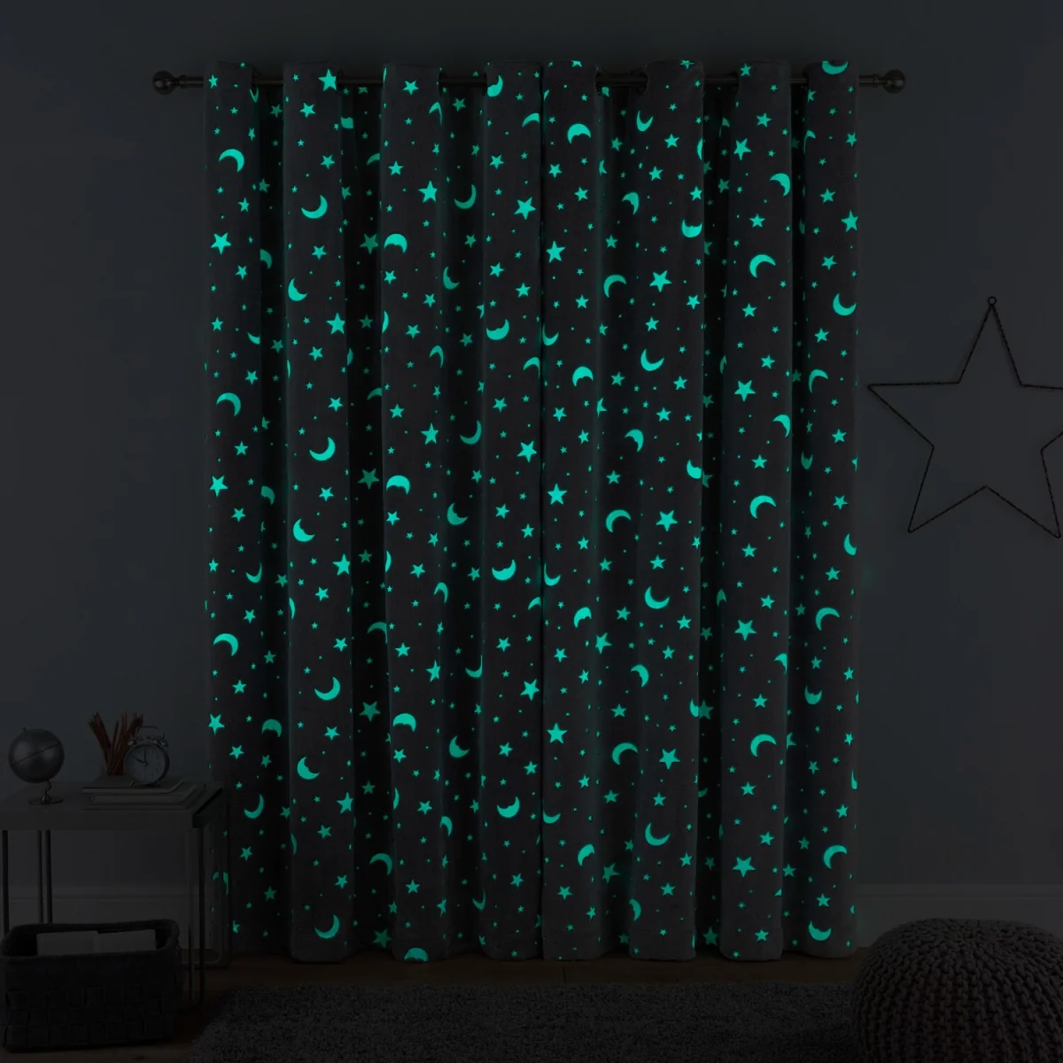 Teddy Fleece Glow Dark Moon Stars Eyelet Curtains - 2 Panels - Grey – image 4