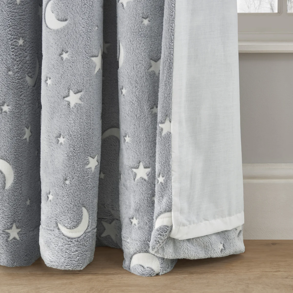 Teddy Fleece Glow Dark Moon Stars Eyelet Curtains - 2 Panels - Grey – image 6
