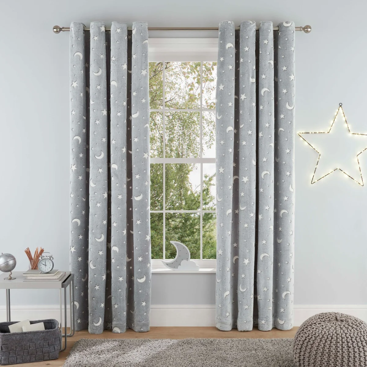 Teddy Fleece Glow Dark Moon Stars Eyelet Curtains - 2 Panels - Grey – image 1