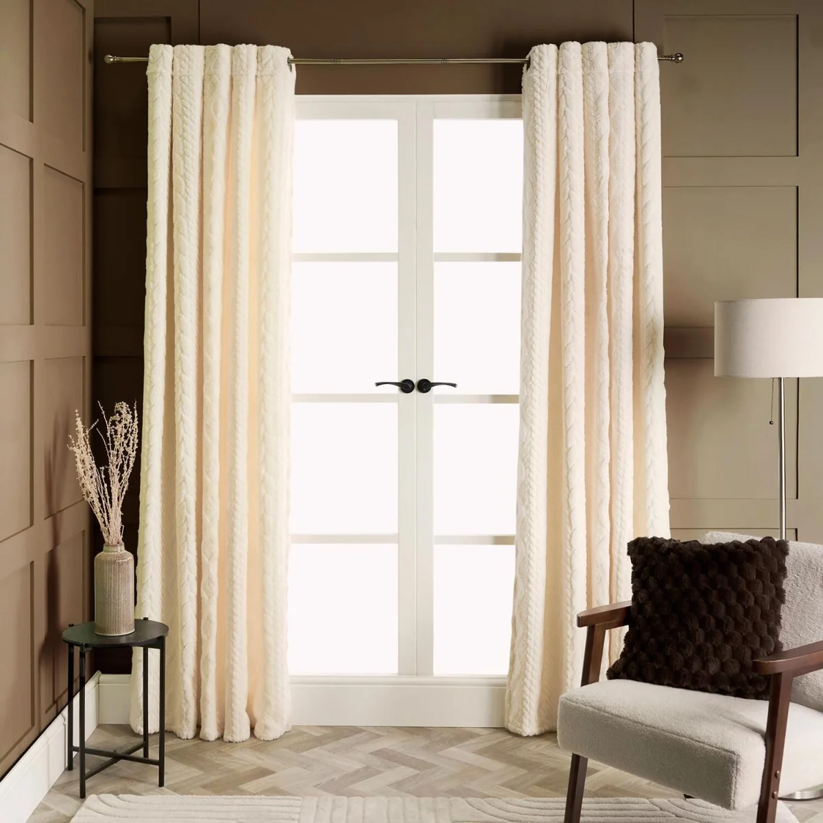 OHS Cable Knit Fleece Thermal Eyelet Curtains - Cream – image 2