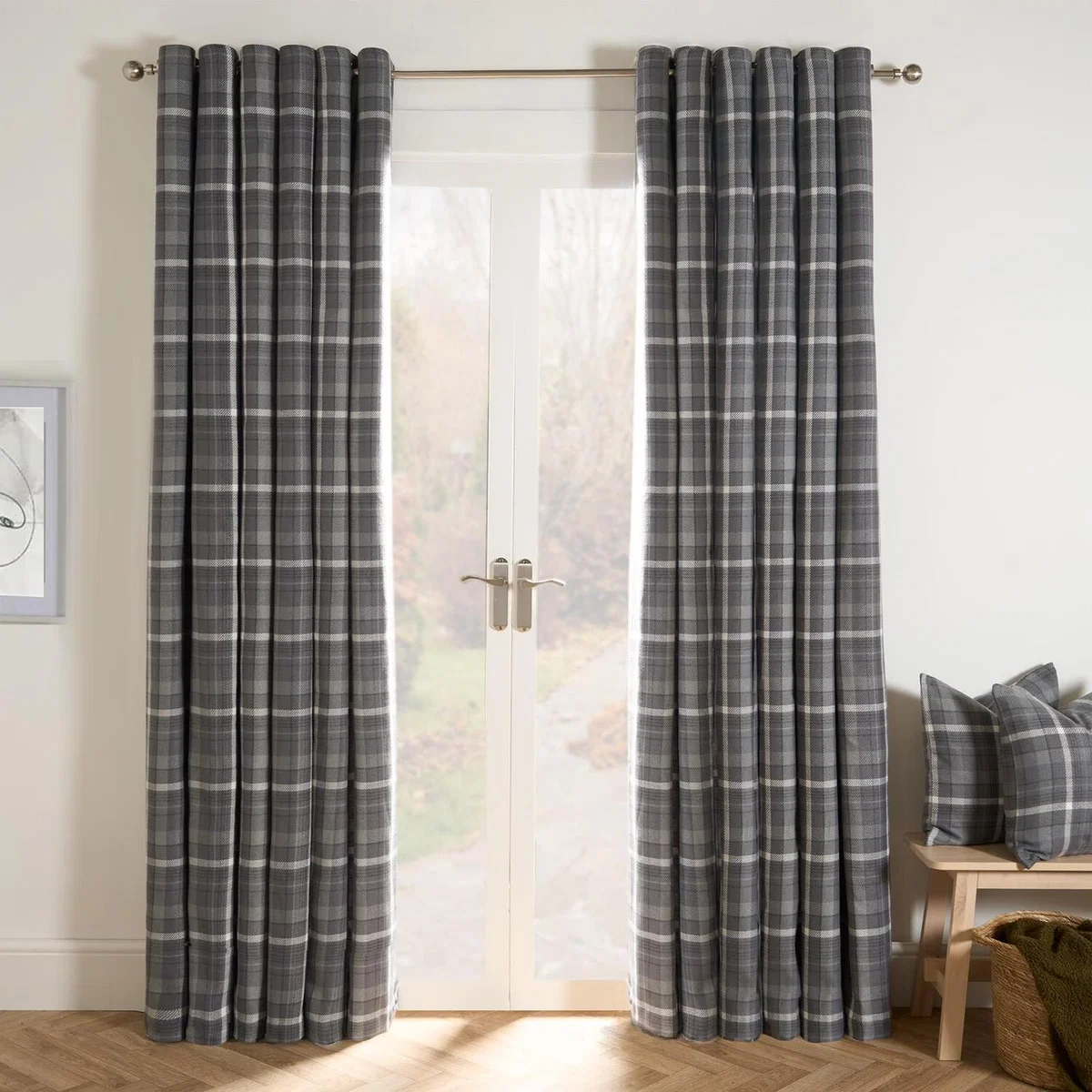 Pair Of Winsford Woven Check Thermal Blackout Eyelet Curtains - Charcoal / 1.58kg / 137cm