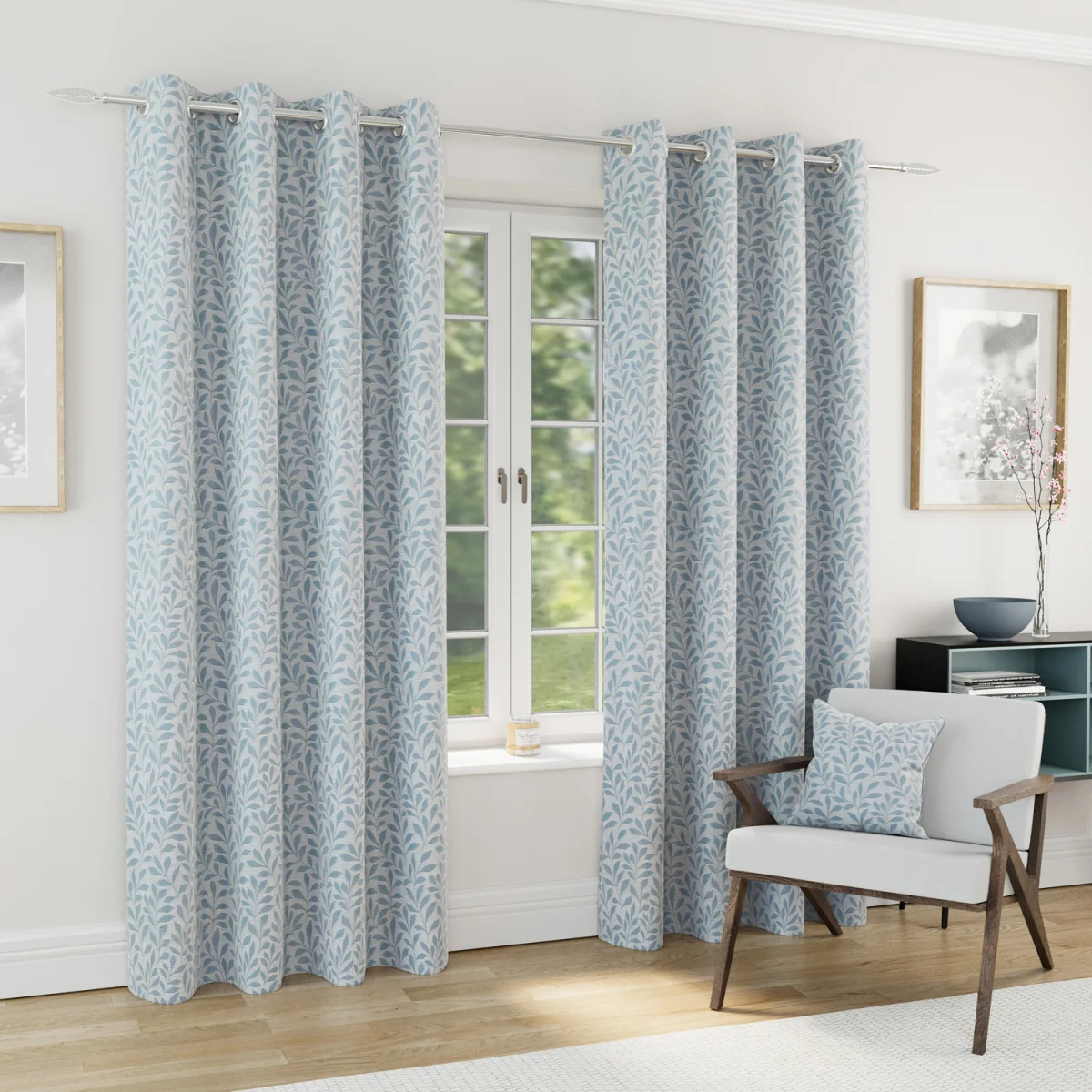 Sherwood Blackout Jacquard Leaf Eyelet Curtains - Ice Blue / 229cm / 183cm