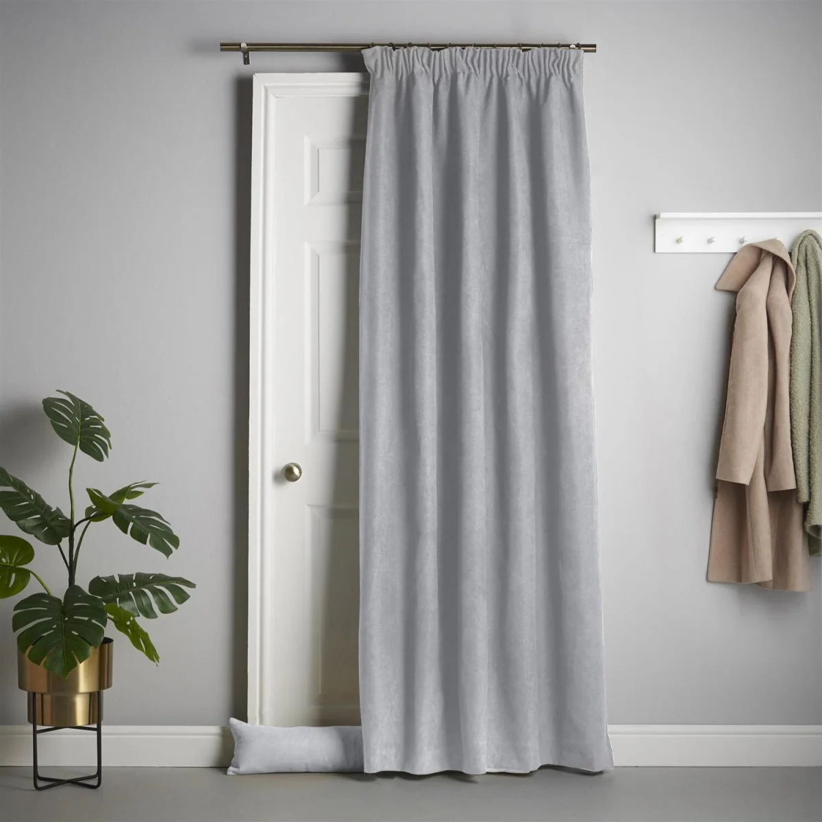 Velvet Chenille Thermal Fleece Lined Pencil Pleat Taped Top Door Curtain - Silver – image 1