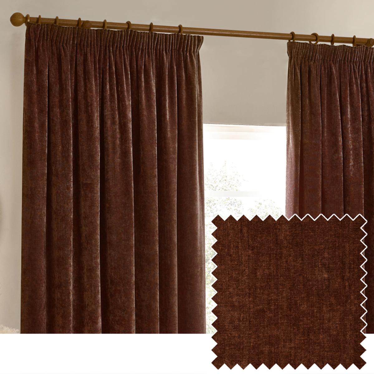 Heavy Chenille Velvet Pencil Pleat Curtains - Nutmeg / 137cm / 229cm