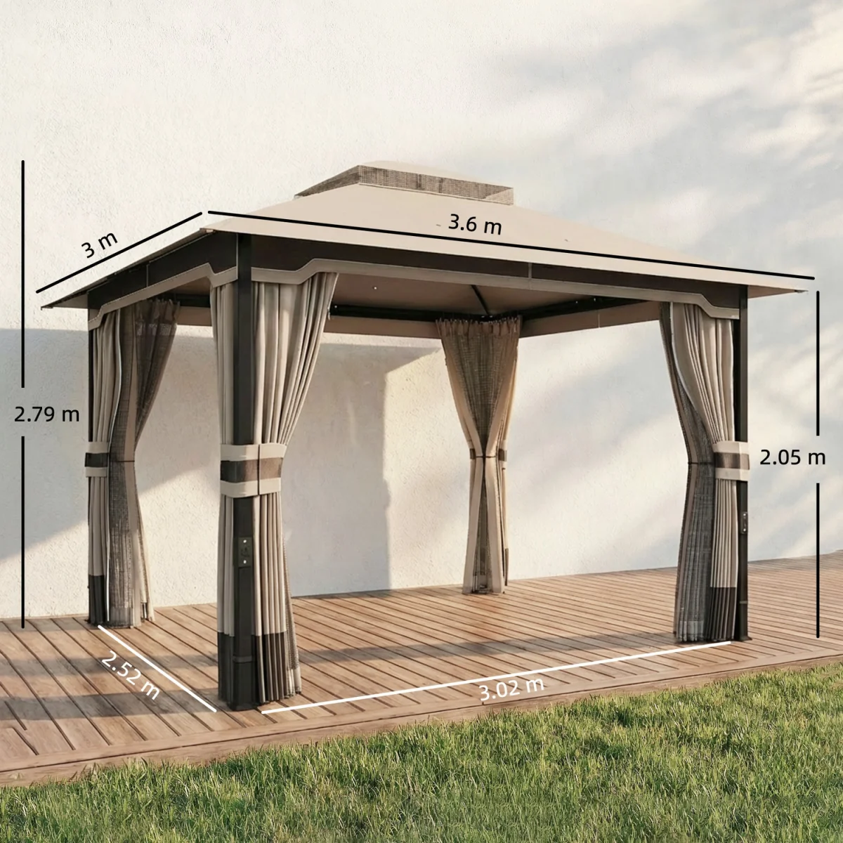 Outsunny 3 x 3.6 m Outdoor Garden Gazebo with Netting, Curtains, Khaki - Khaki – image 2
