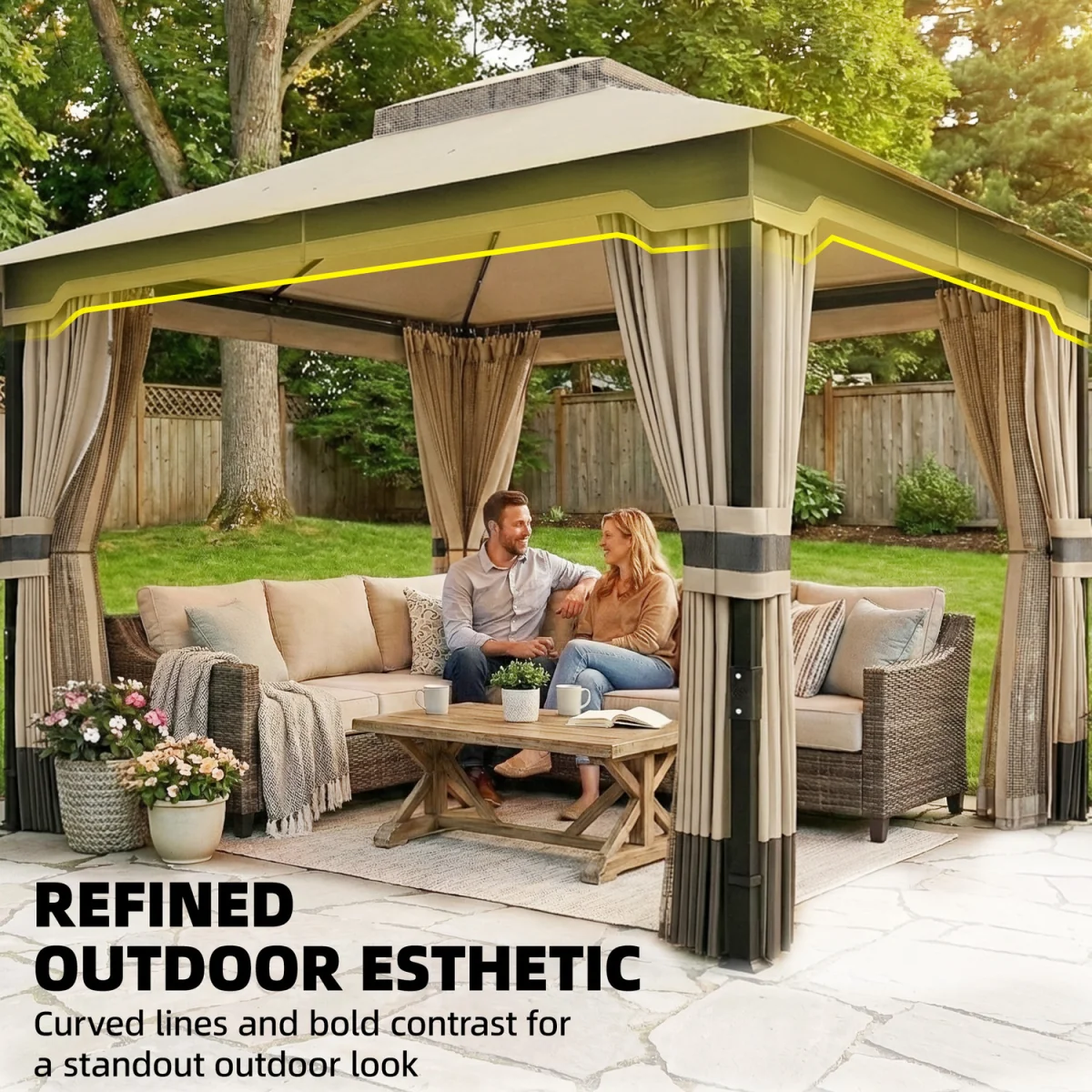 Outsunny 3 x 3.6 m Outdoor Garden Gazebo with Netting, Curtains, Khaki - Khaki – image 4
