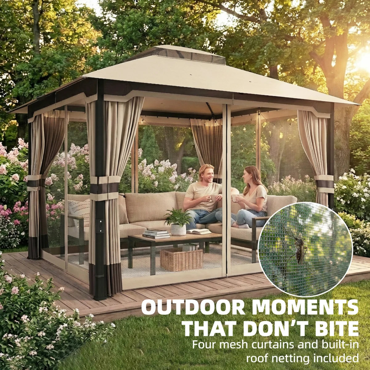 Outsunny 3 x 3.6 m Outdoor Garden Gazebo with Netting, Curtains, Khaki - Khaki – image 6