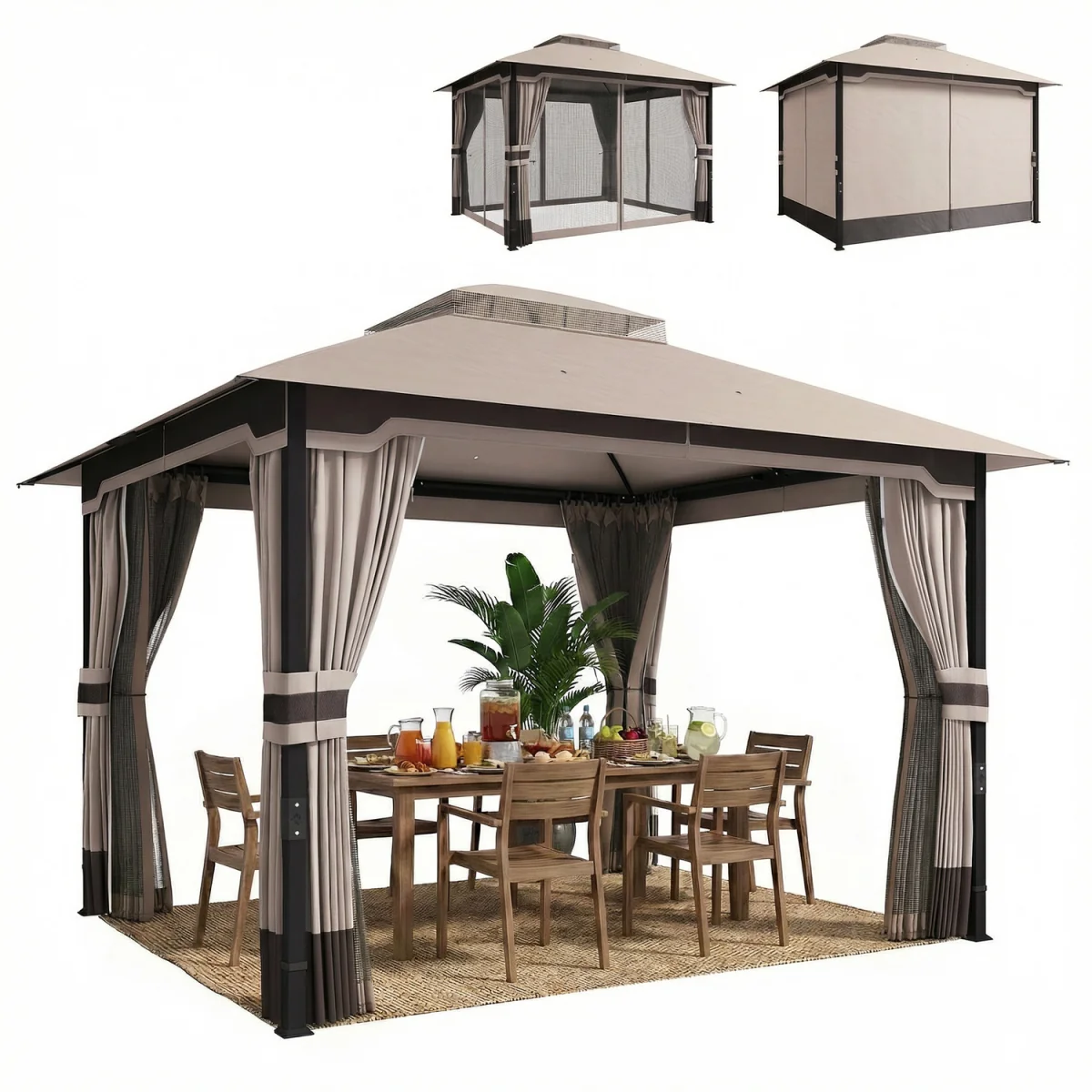 Outsunny 3 x 3.6 m Outdoor Garden Gazebo with Netting, Curtains, Khaki - Khaki – image 9