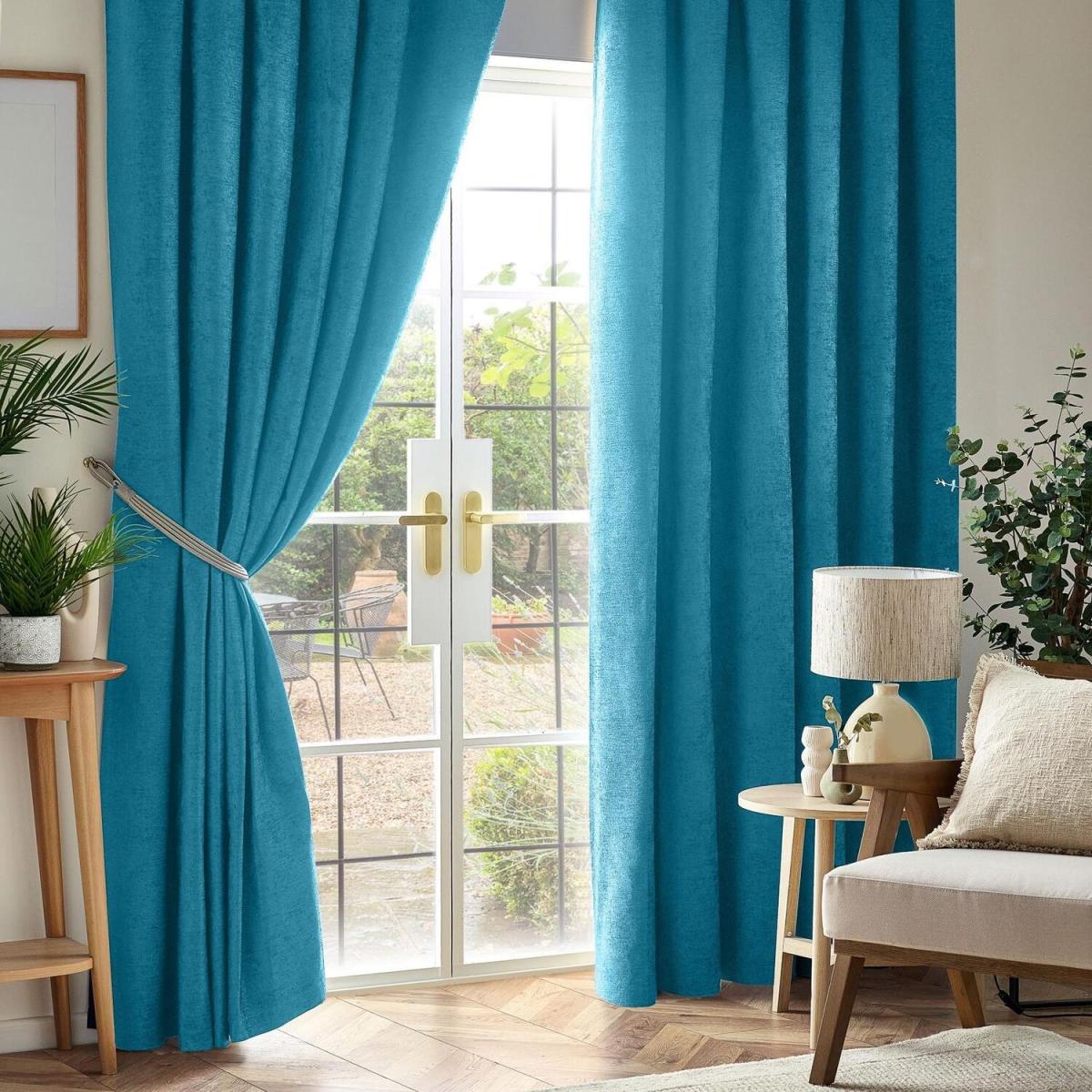Chenille Blackout Pencil Pleat Top Curtains - Teal / 229cm / 117cm