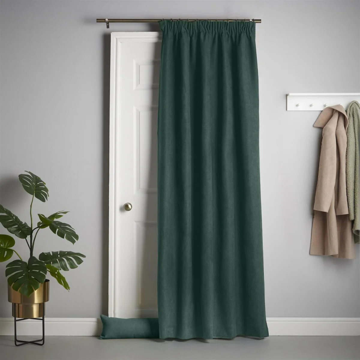 Velvet Chenille Thermal Fleece Lined Pencil Pleat Taped Top Door Curtain - Green – image 1