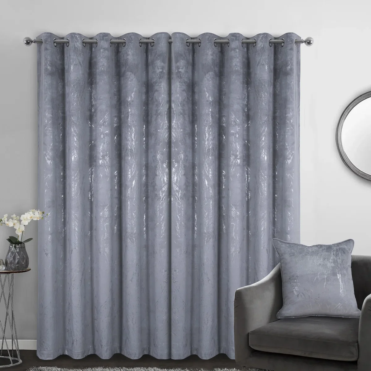 Marble Effect Velvet Eyelet Curtains - Thermal Blackout - 2 Panels - Grey – image 4