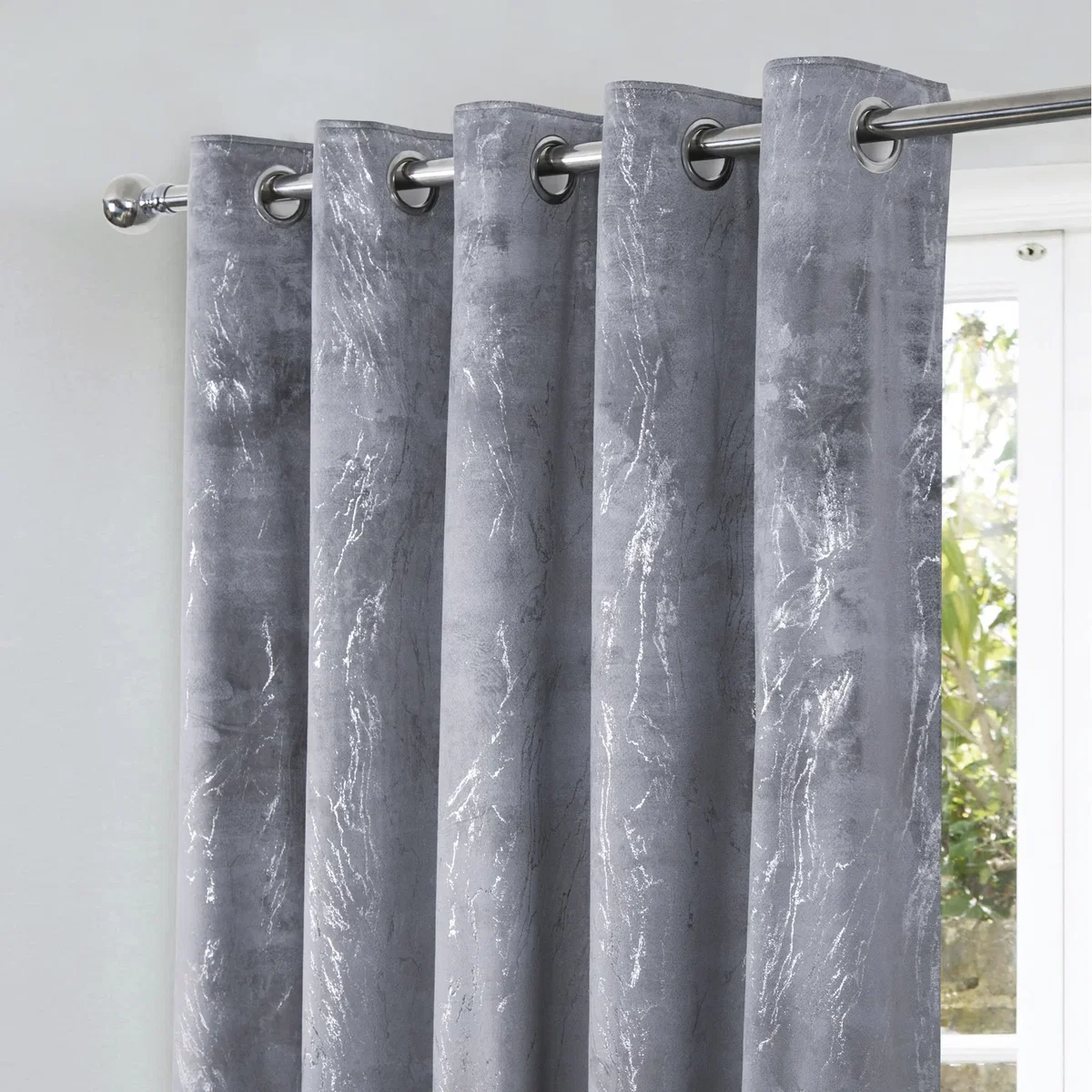 Marble Effect Velvet Eyelet Curtains - Thermal Blackout - 2 Panels - Grey – image 7