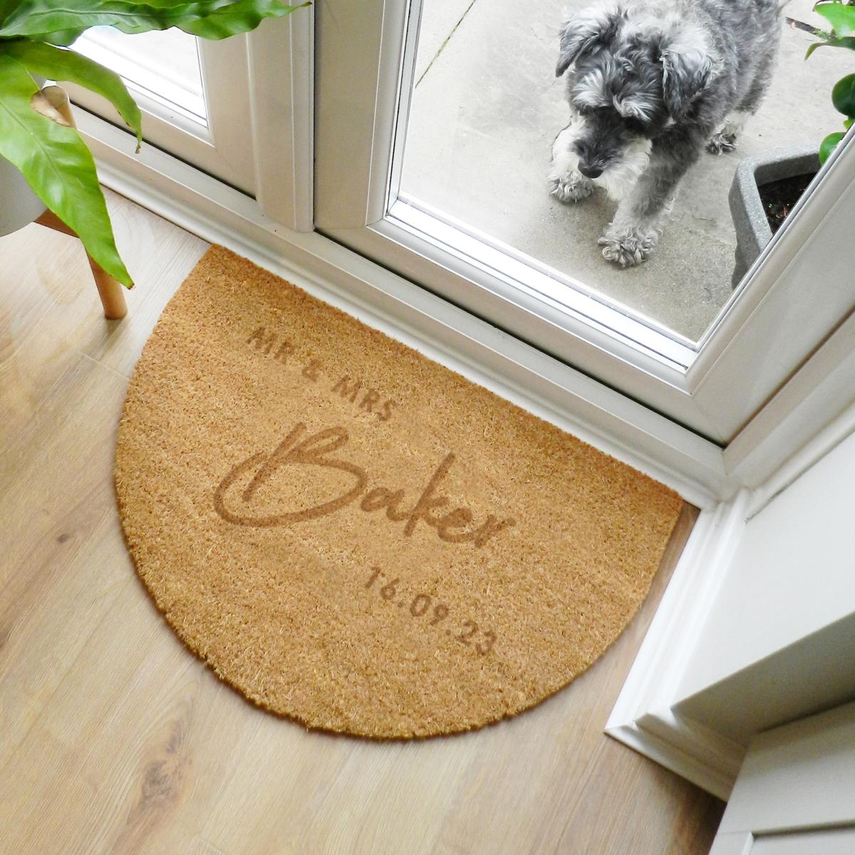 Personalised Mr and Mrs Half Moon Doormat Brown – image 2