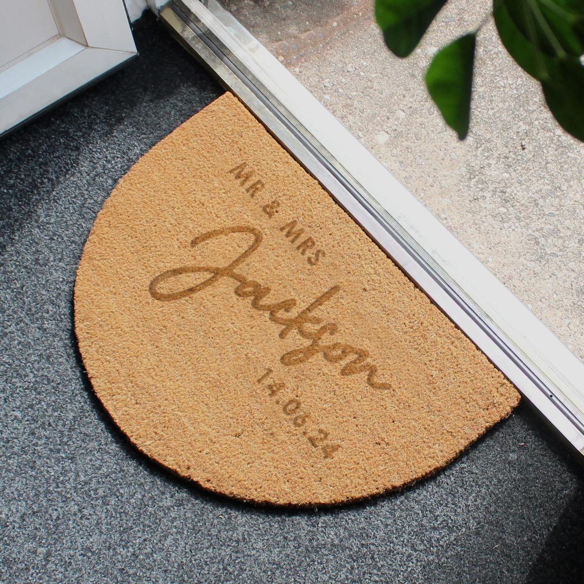 Personalised Mr and Mrs Half Moon Doormat Brown – image 3
