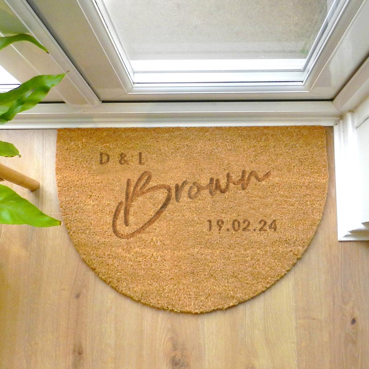 Personalised Mr and Mrs Half Moon Doormat Brown – image 4