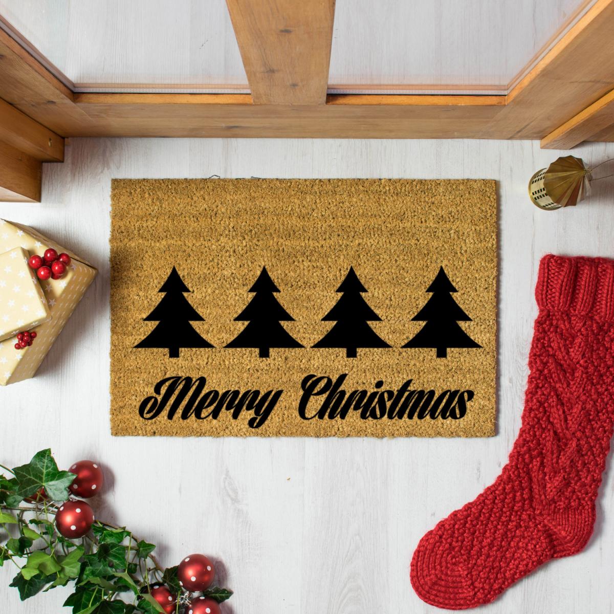 Christmas Trees with Merry Christmas Greeting Doormat - Black