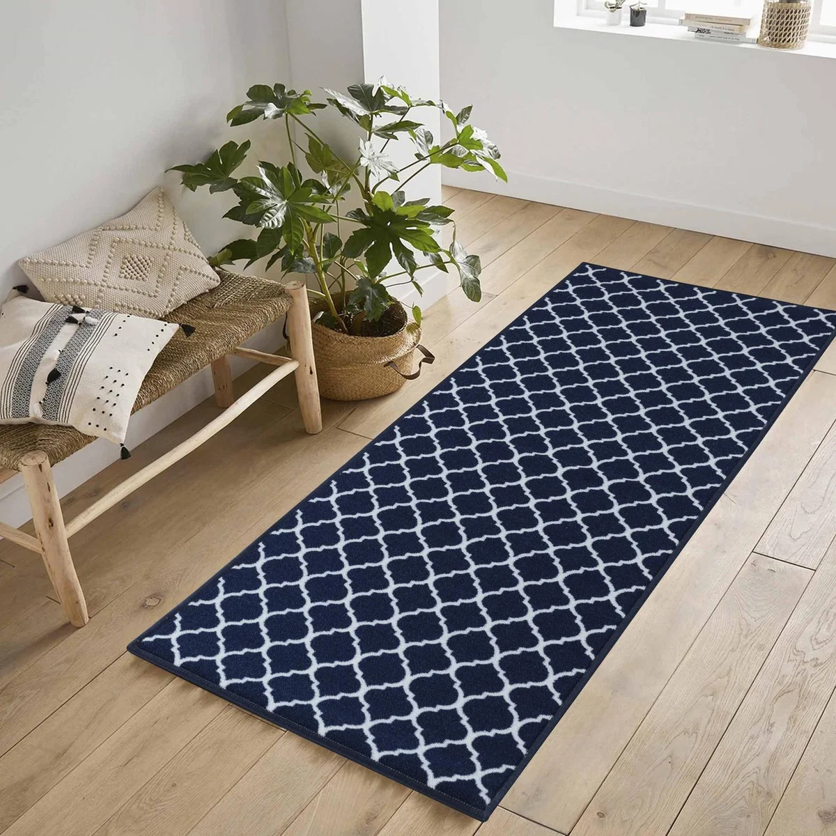 Machine Washable Trellis Design Anti Slip Doormats - Runners - Navy / 80x300 cm Runner – image 1