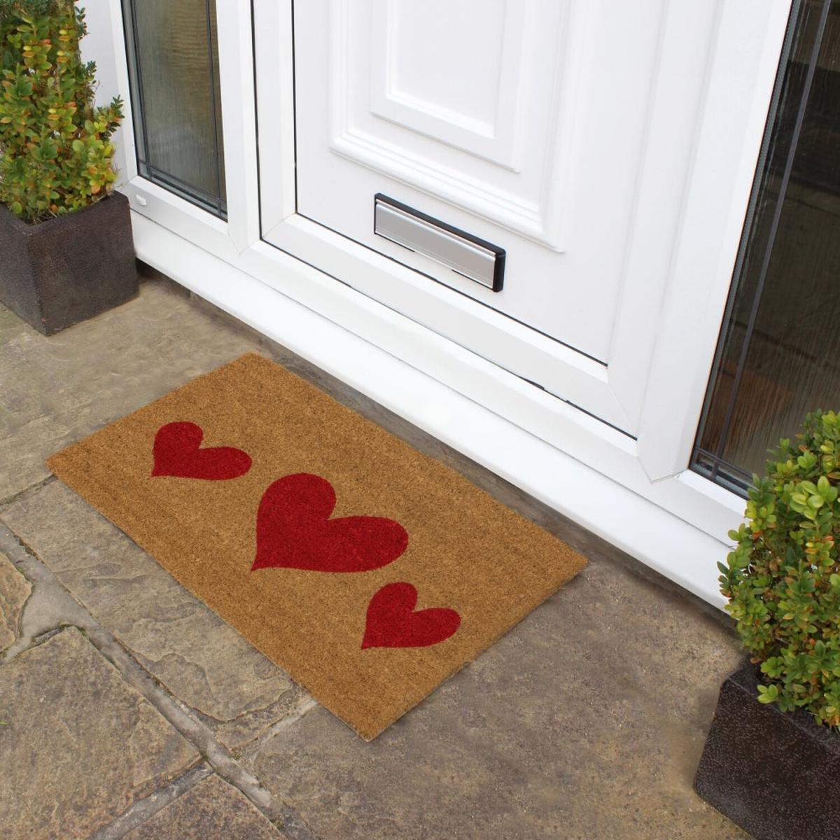 Latex Backed Heart Coir Door Mat - Natural Coir with Red Design – image 2