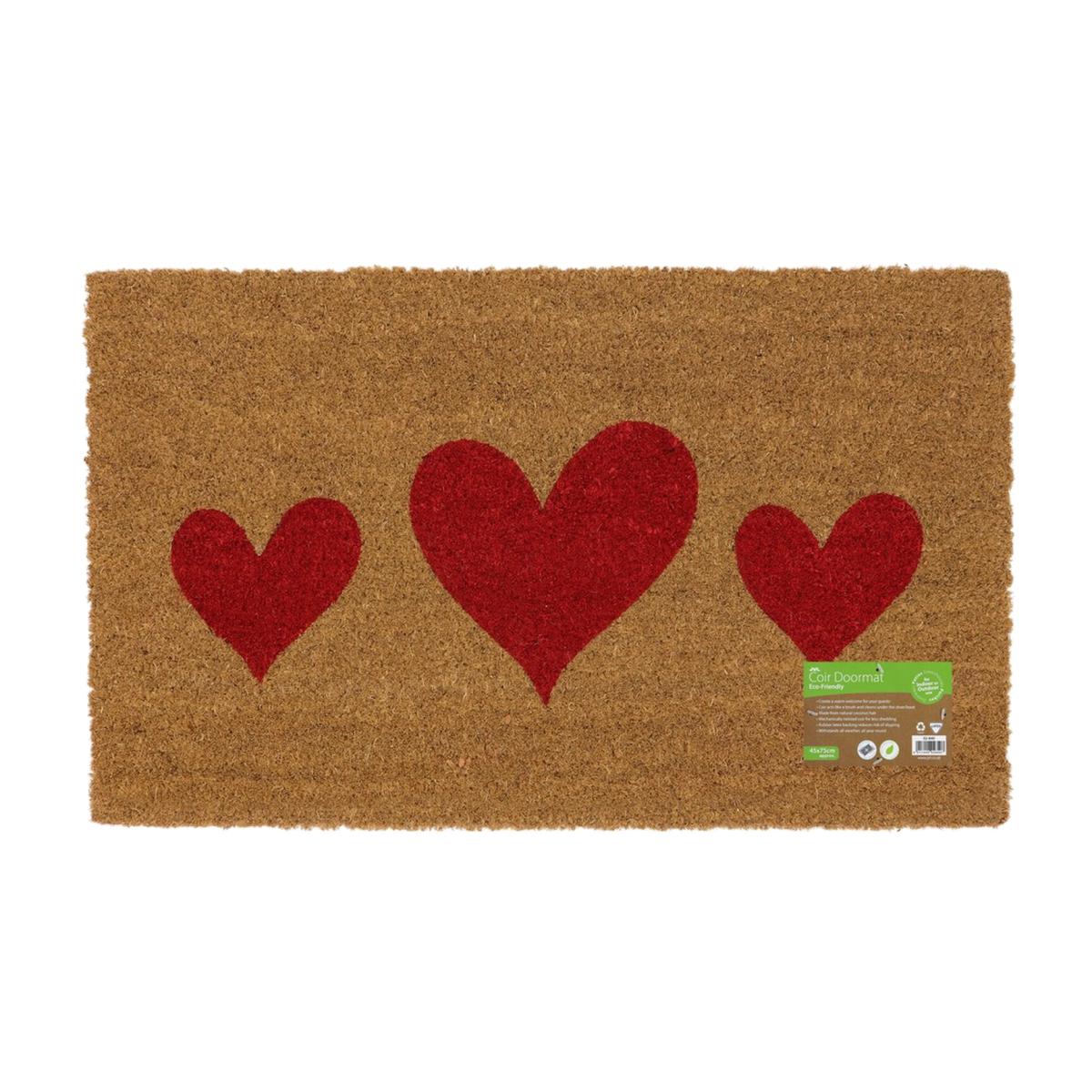 Latex Backed Heart Coir Door Mat - Natural Coir with Red Design – image 1